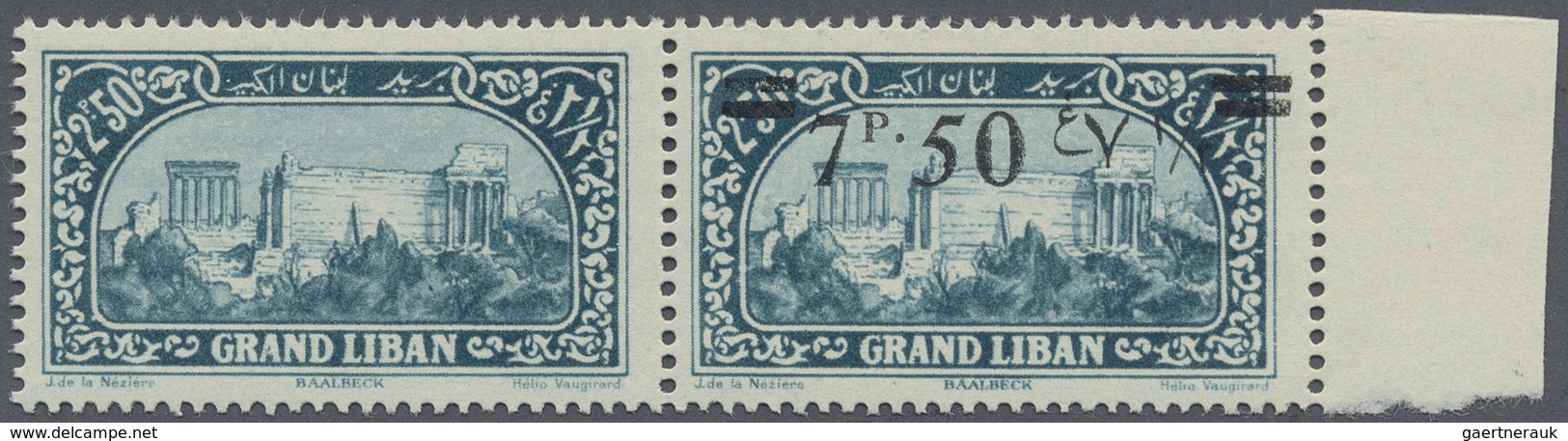 ** Libanon: 1926, 7.50pi. On 2.50pi. Greenish Blue, Horiz. Pair, Left Stamp Without Overprint (albino P - Libanon