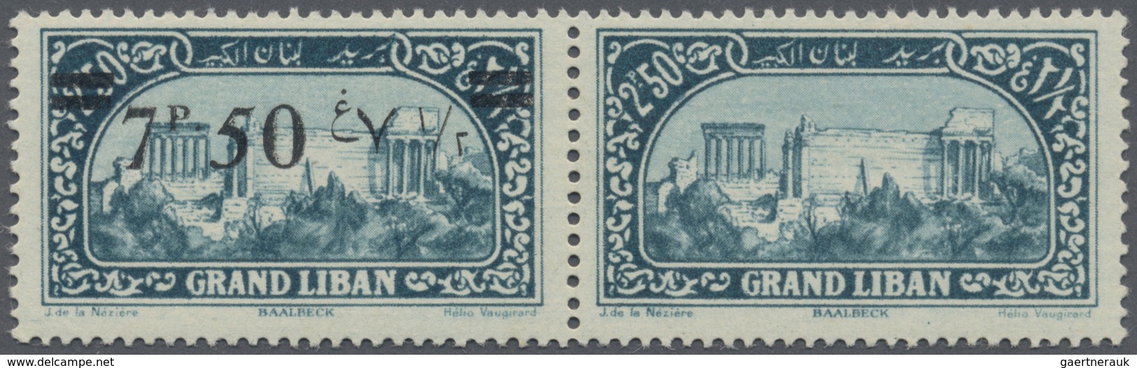 * Libanon: 1926, 7.50pi. On 2.50pi. Greenish-blue, Horiz. Pair, Left Stamp With Overprint, Right Stamp - Lebanon