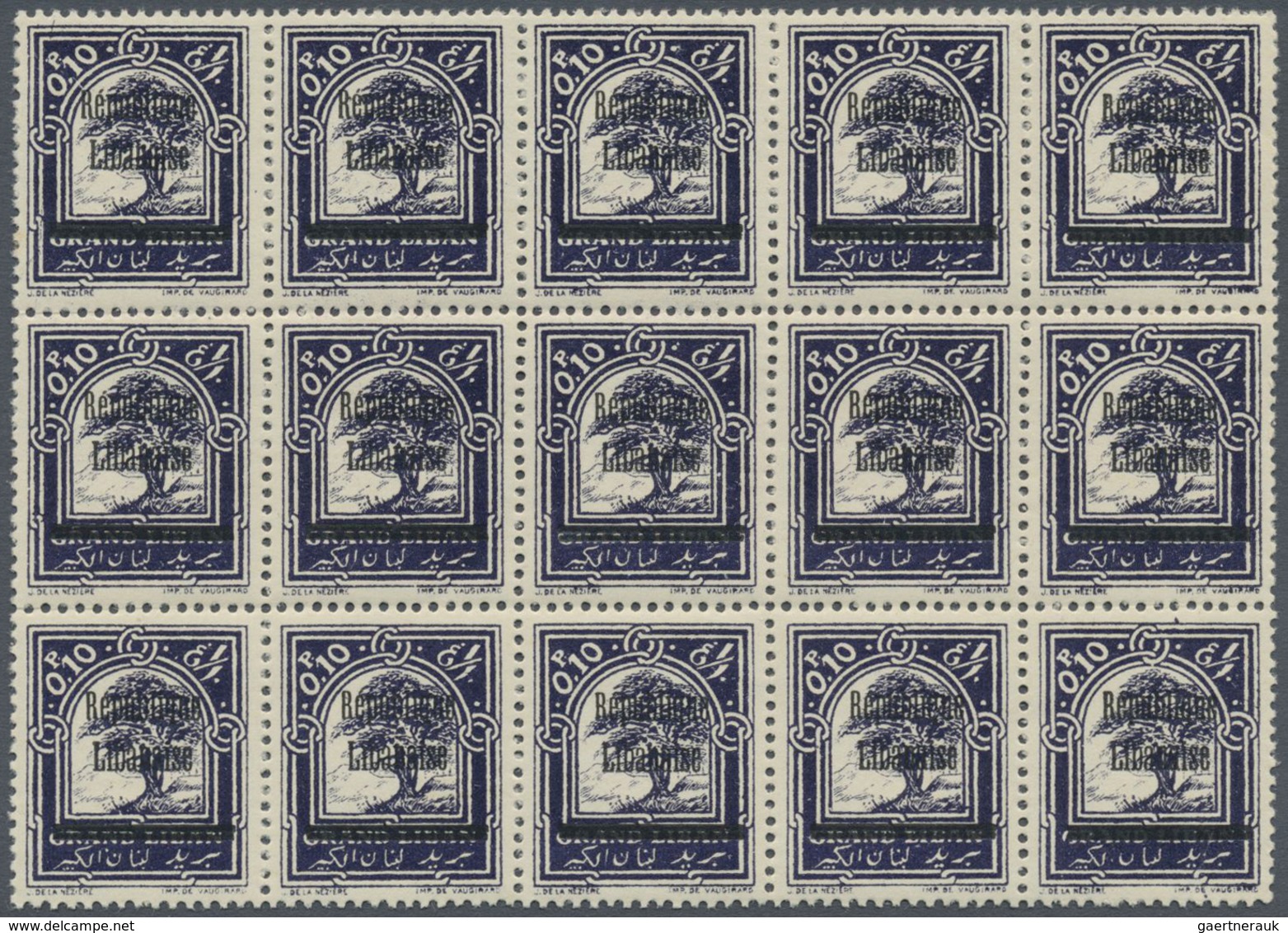 ** Libanon: 1927, 0.10pi. Blue With BLACK Overprint, Block Of 15, Unmounted Mint. Maury 83b, 1.650,- €. - Libanon