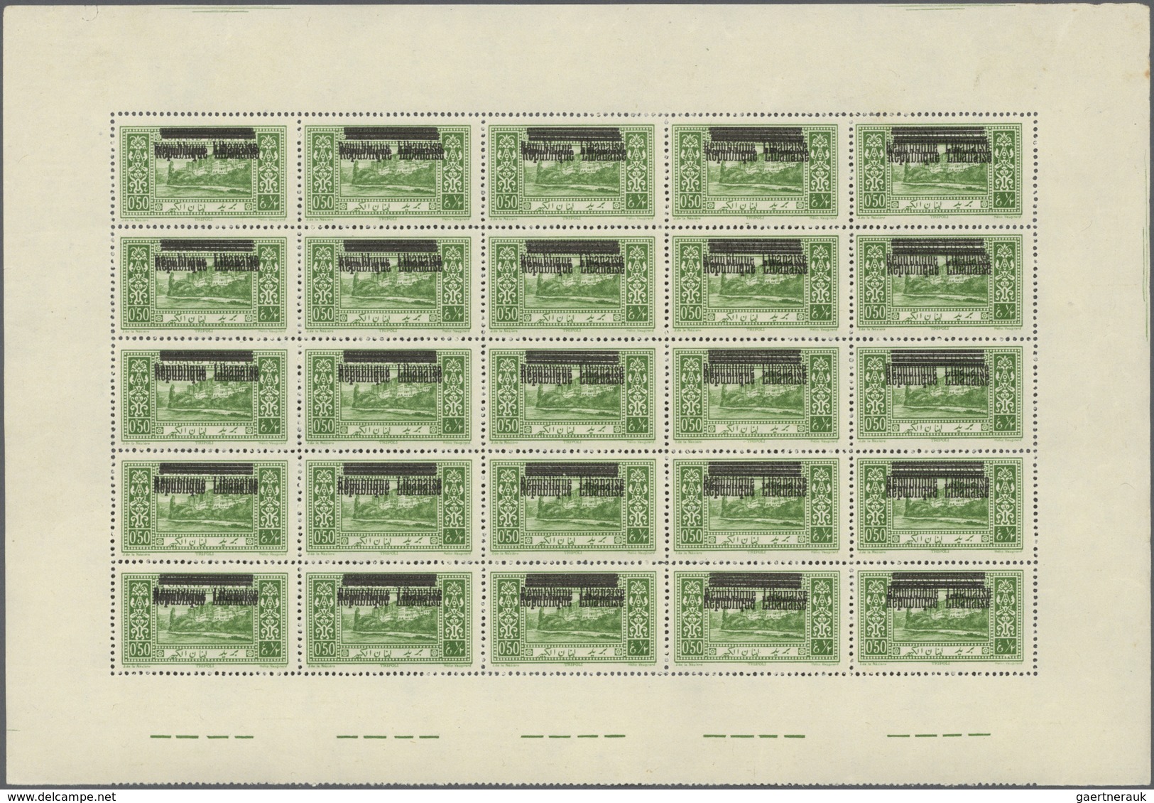 ** Libanon: 1927, "Republique Libanaise" Overprints, 0.50pi. Yellow-green, Pane Of 25 Stamps With Doubl - Lebanon