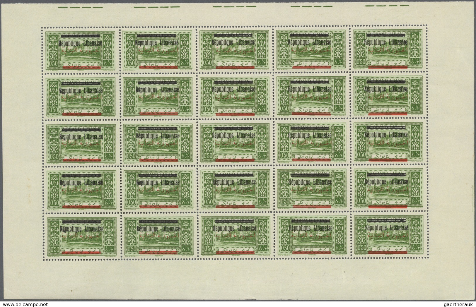 ** Libanon: 1928, "Republique Libanaise" Overprints, 0.50pi. Green, Pane Of 25 Stamps Showing Variety " - Libanon