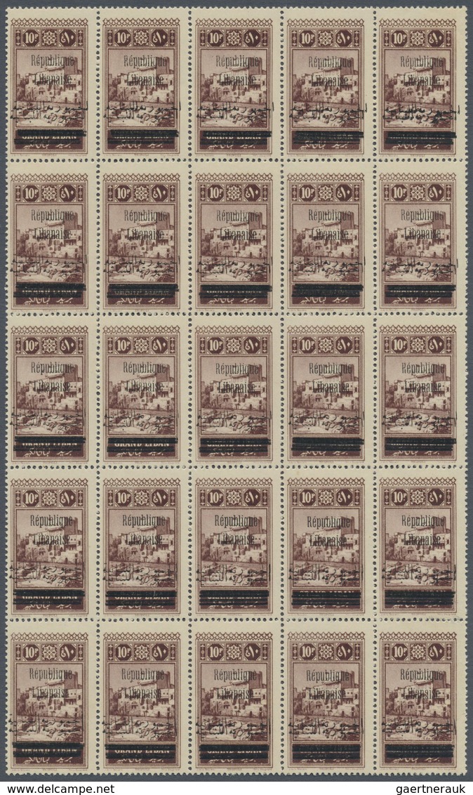 ** Libanon: 1928, "Republique Libanaise" Overprints, 10pi. Lilac-brown, Block Of 25 Stamps With Double - Libanon