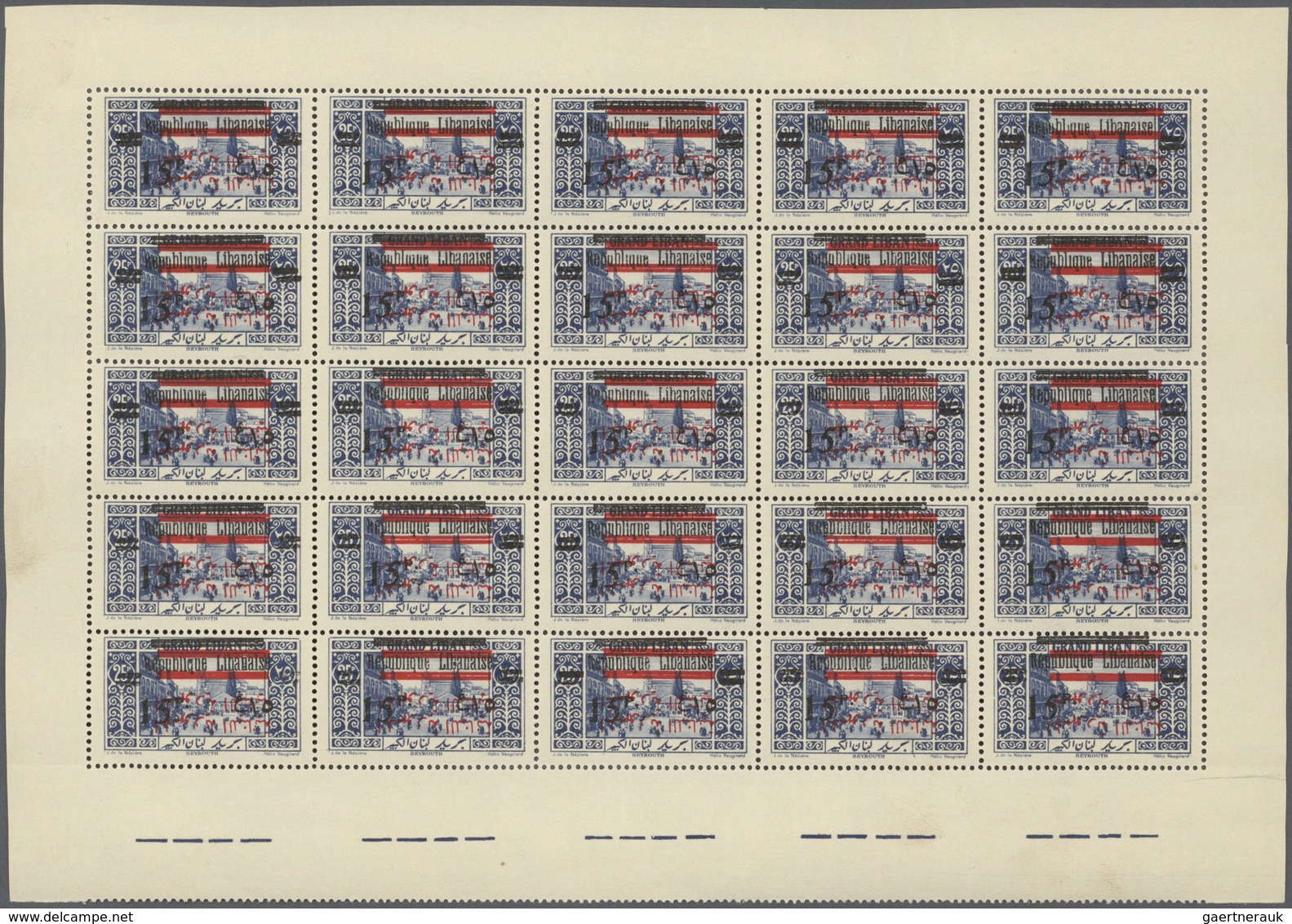 ** Libanon: 1928, "Republique Libanaise" Overprints, 15pi. On 25pi. Ultramarine, Pane Of 25 Stamps With - Libanon
