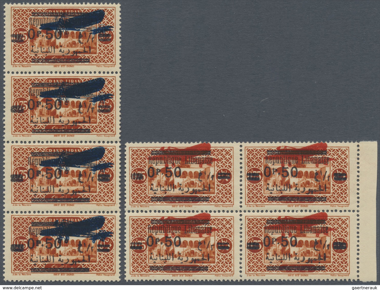 ** Libanon: 1929, Airmails, 0.50pi. On 0.75pi. Brownish Red, Three Varieties Each As Multiple Of Four S - Libanon