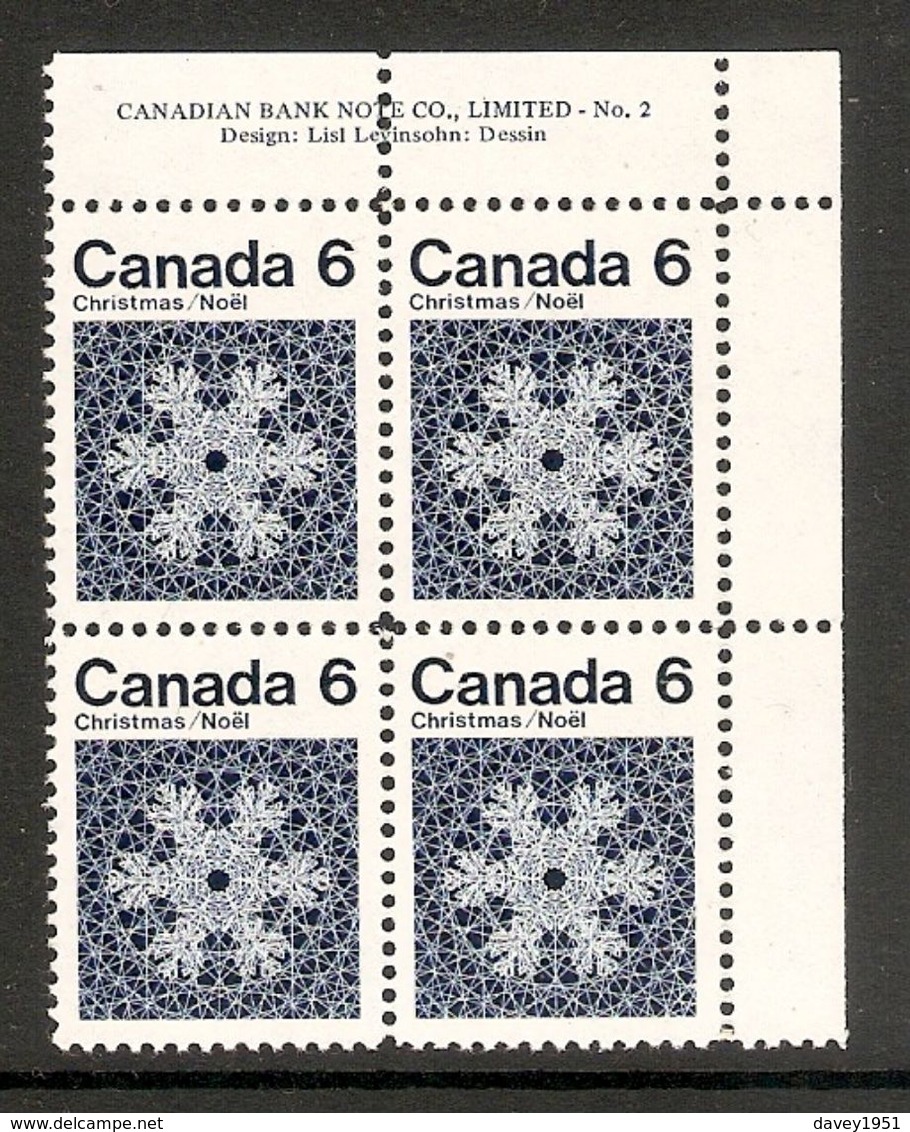 006320 Canada 1971 Christmas 6c Plate Block 2 UR MNH - Plate Number & Inscriptions