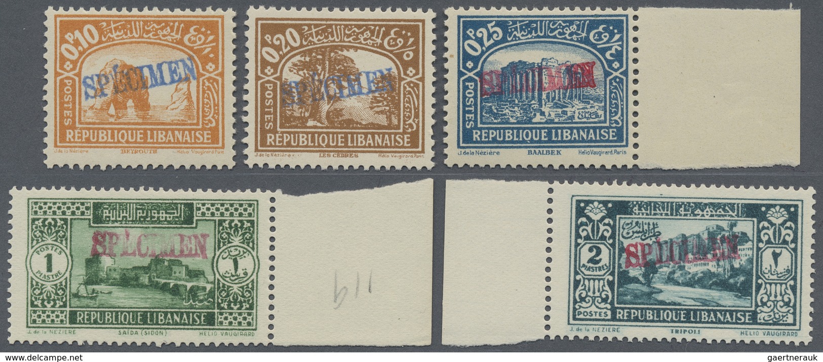 ** Libanon: 1930-36, 11 Values Showing "SPECIMEN" Overprints In Blue And Red, 5 Pia. Faults, Mint Never - Lebanon