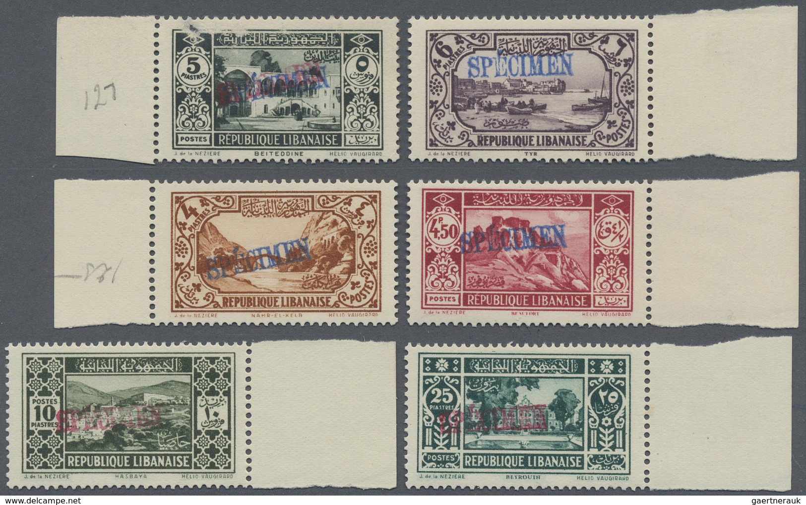 ** Libanon: 1930-36, 11 Values Showing "SPECIMEN" Overprints In Blue And Red, 5 Pia. Faults, Mint Never - Lebanon