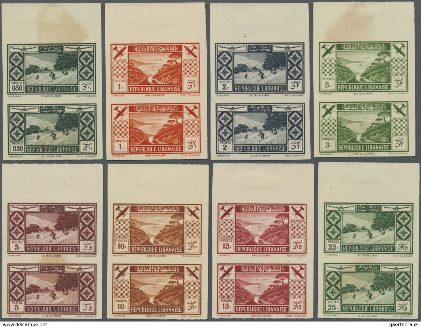 ** Libanon: 1936, Tourism, Complete Set Of Eight Values As IMPERFORATE Top Marginal Vertical Pairs, Unm - Lebanon