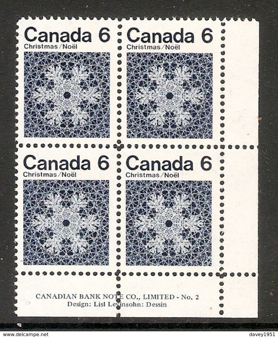 006321 Canada 1971 Christmas 6c Plate Block 2 LR MNH - Plate Number & Inscriptions