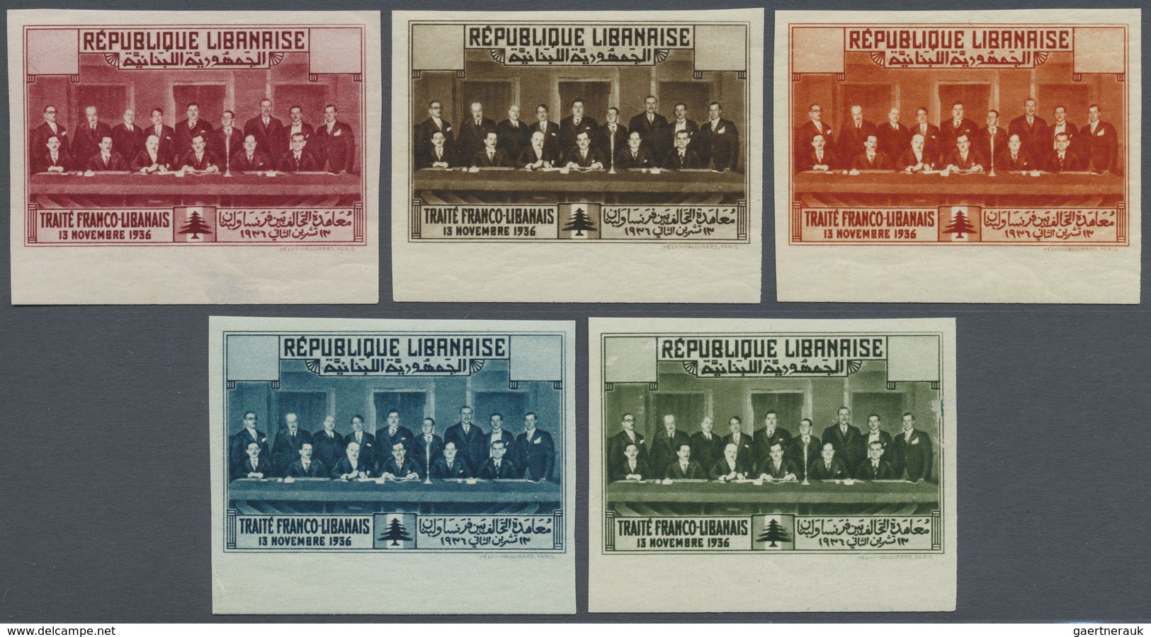 */** Libanon: 1936, Franco-Lebanese Treaty, Not Issued, Complete Set Of Five Values Imperforate And With - Lebanon