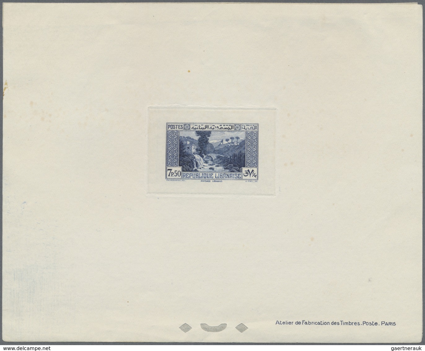 (*) Libanon: 1937, 7.50pi. Blue, Epreuve De Luxe (few Unobstrusive Marks) With Imprint "Atelier De Fabri - Lebanon