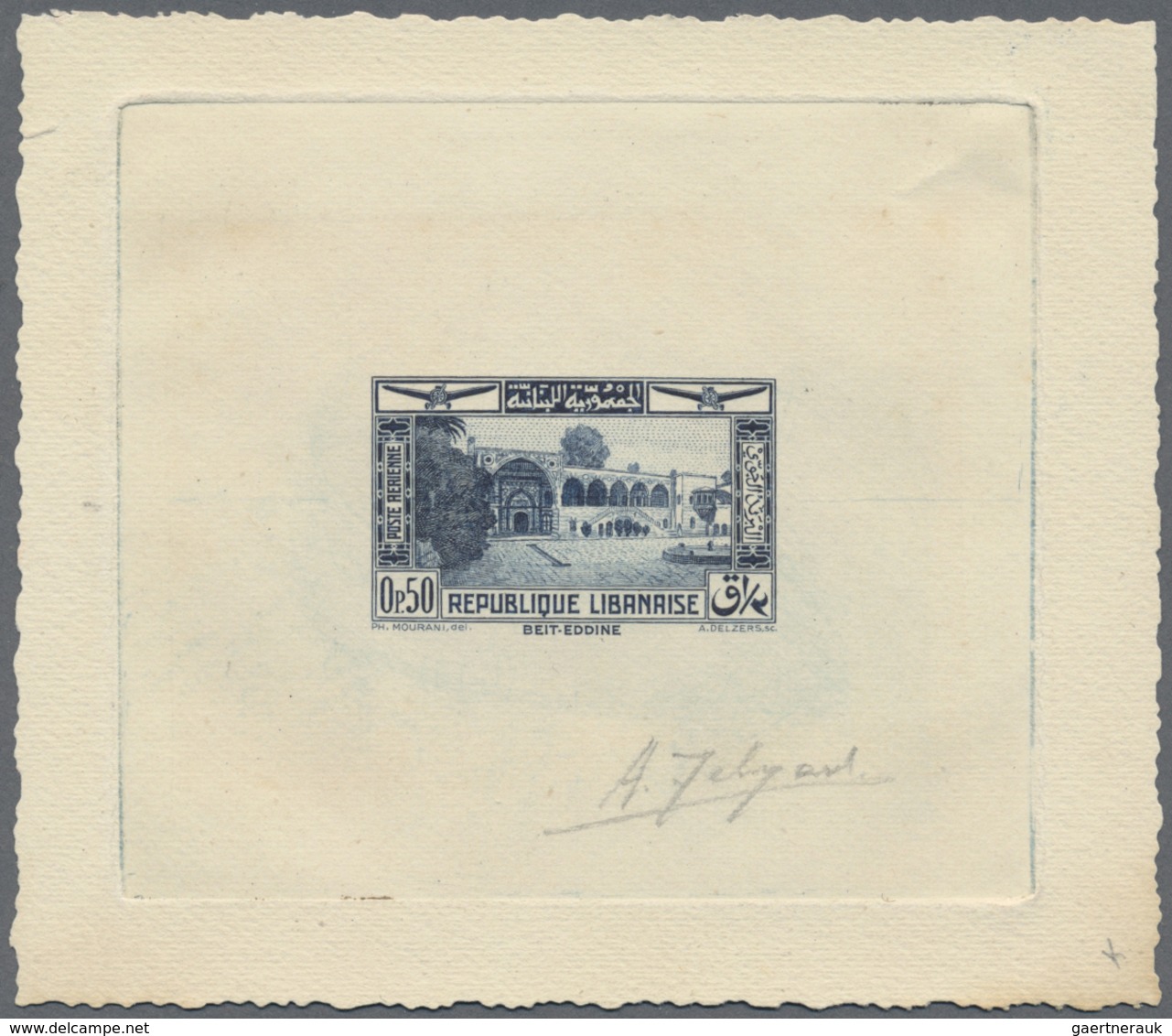 (*) Libanon: 1937, 0.50pi. Blue "Beit-Eddine", Epreuve D'artiste, With Signature. - Lebanon