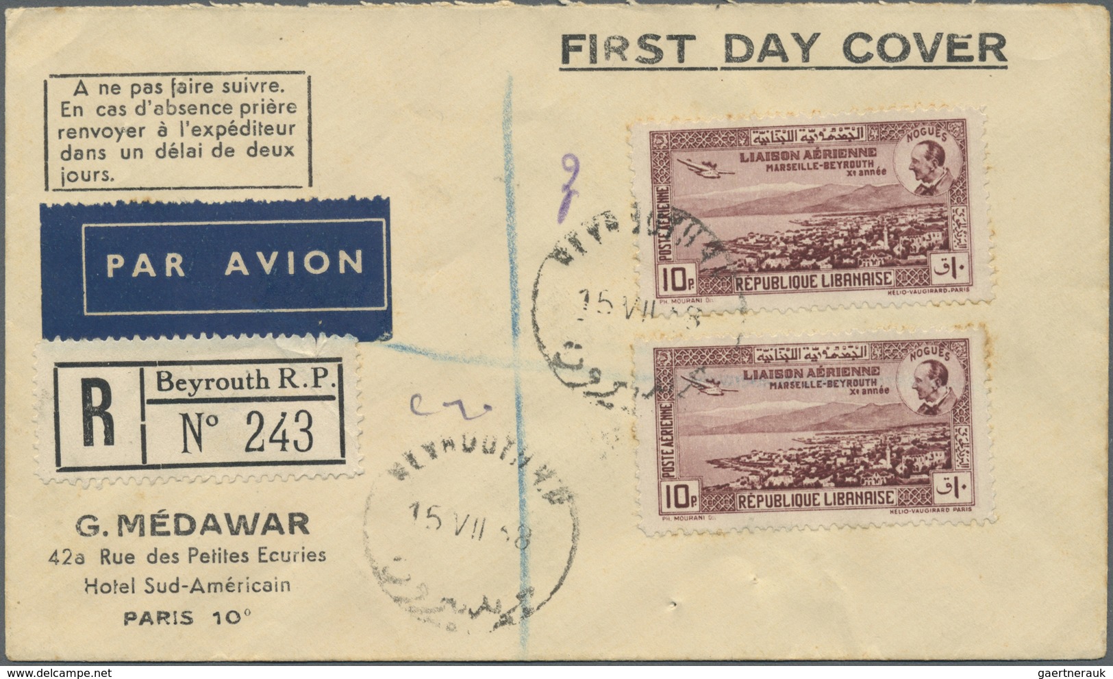 Libanon: 1938, 10th Anniversary First Flight Marseille-Beirut, 10pi. Brownish Lilac, Two Copies (ton - Lebanon