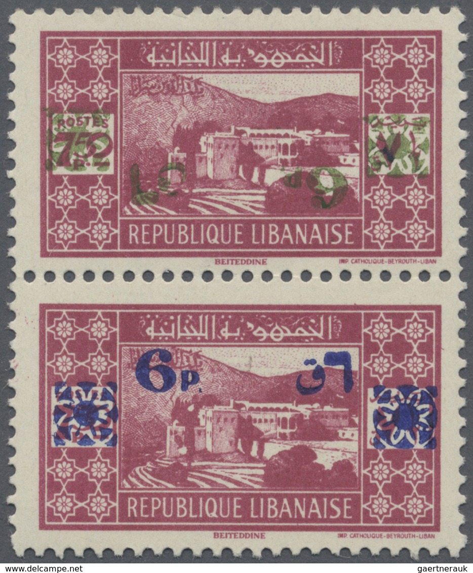 **/* Libanon: 1943, 6pi. On 7.50pi. Carmine, Overprint Proof Vertical Pair, Top Stamp With INVERTED GREEN - Libanon