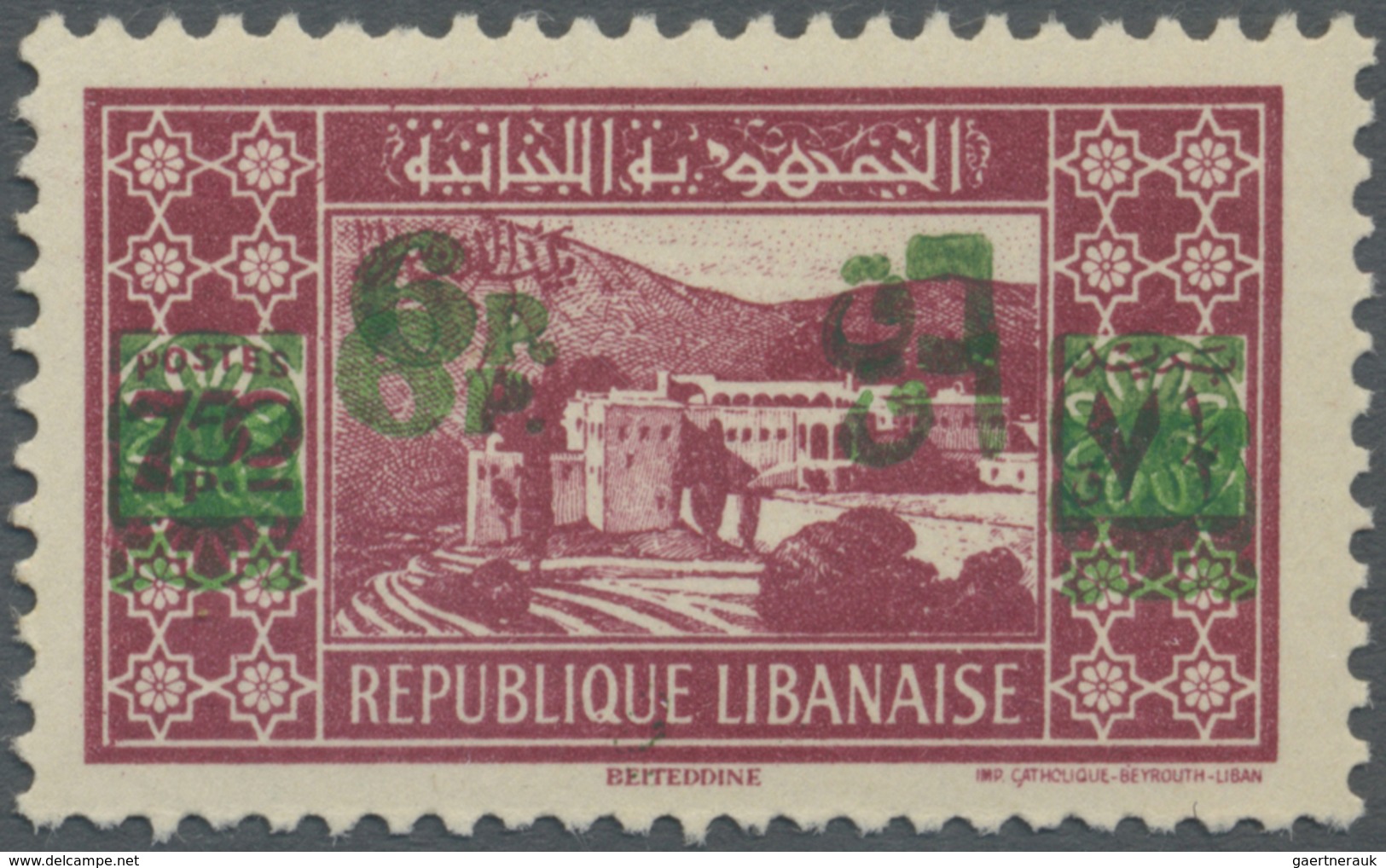 ** Libanon: 1943, 6pi. On 7.50pi. Carmine With DOUBLE Overprint, Unmounted Mint, Few Flat Perfs, Signed - Libanon