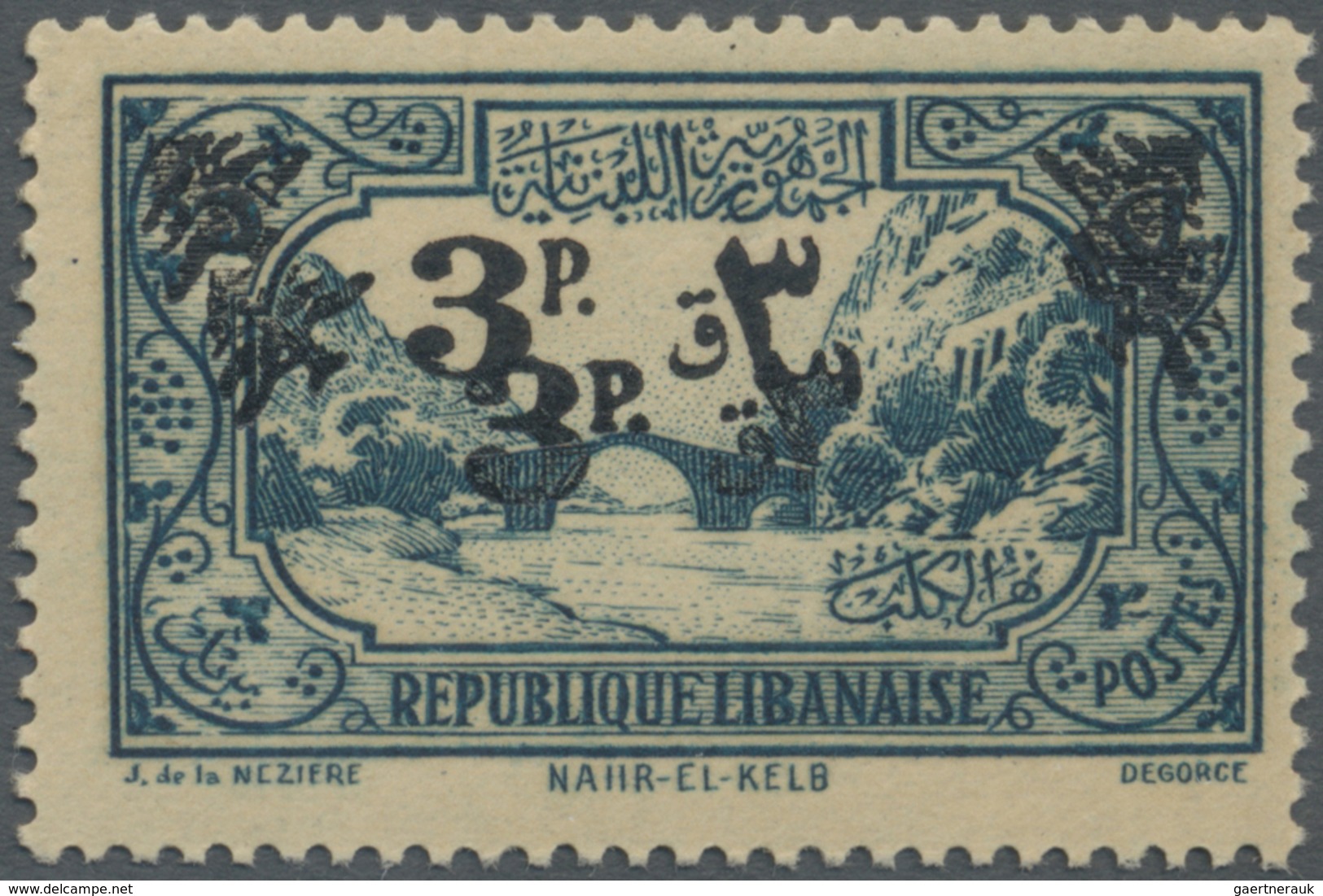 ** Libanon: 1945, 2pi. On 5pi. Greenish Blue With DOUBLE Overprint In BLACK Instead Of "Violet", Unmoun - Lebanon