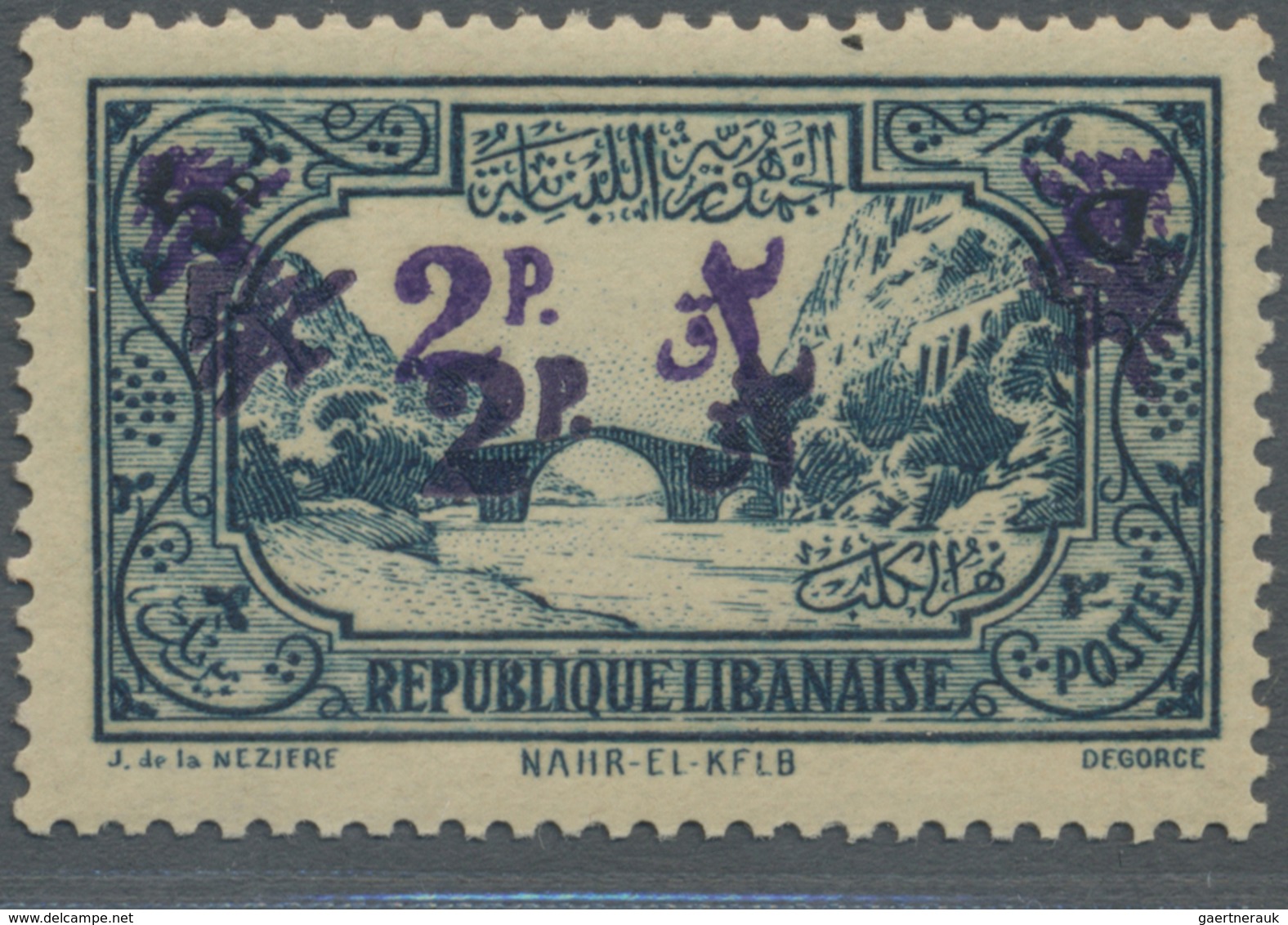 ** Libanon: 1945, 2pi. On 5pi. Greenish Blue With DOUBLE Overprint, Unmounted Mint, Signed Calves. Maur - Lebanon