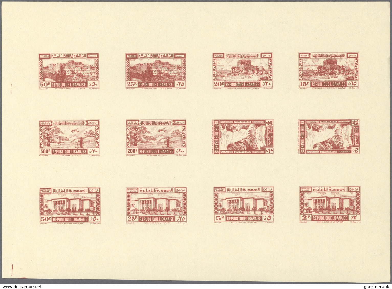 ** Libanon: 1945, Definitives, Airmails And Postage Dues, Combined Proof Sheet In Brownish Red On Gumme - Lebanon