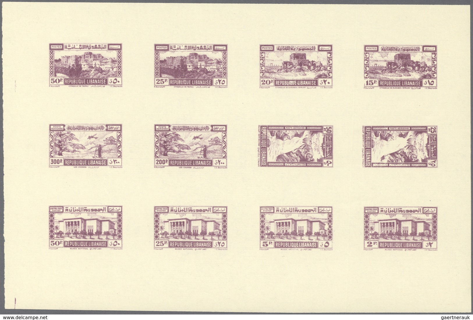 ** Libanon: 1945, Definitives, Airmails And Postage Dues, Combined Proof Sheet In Purple On Gummed Pape - Lebanon