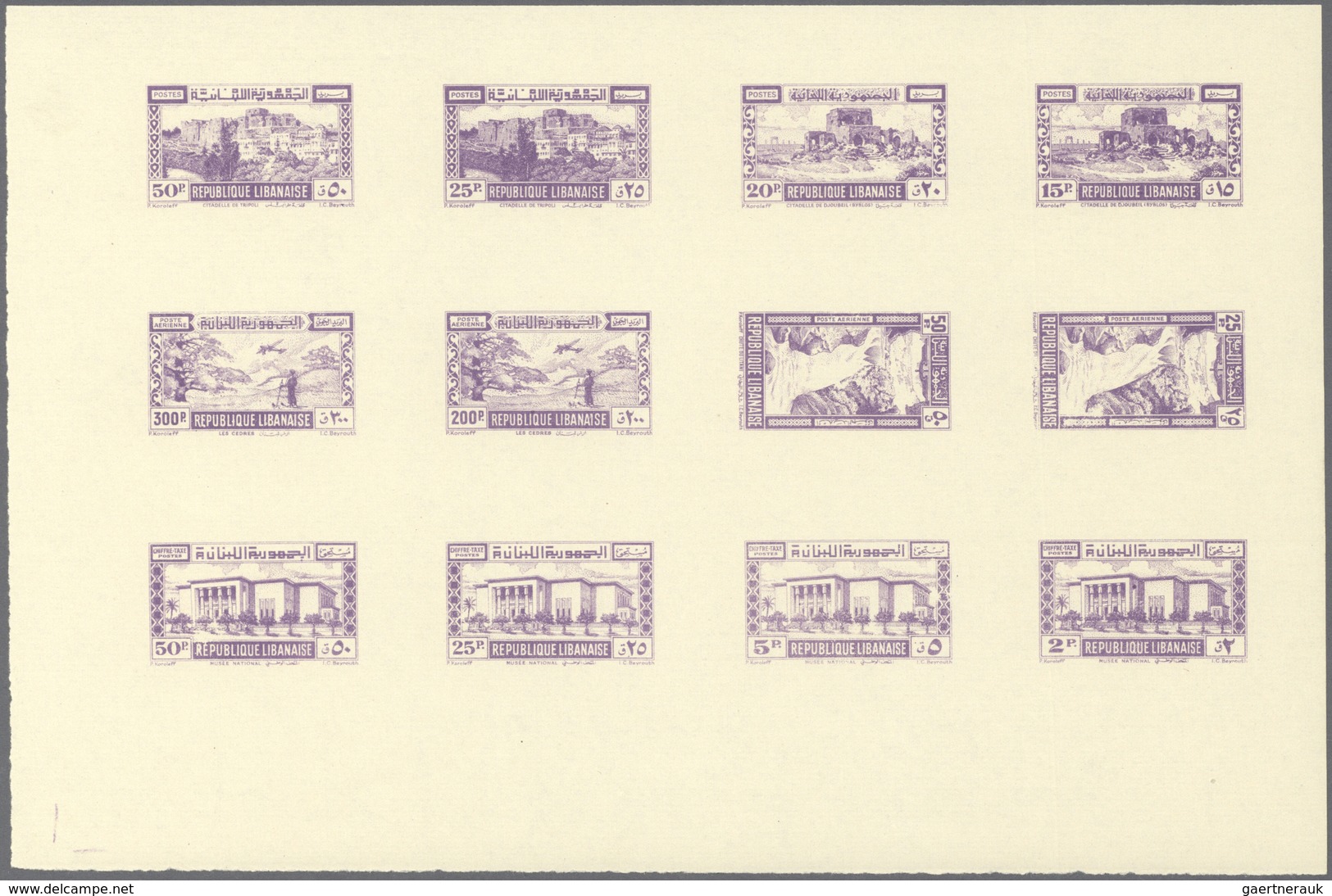 ** Libanon: 1945, Definitives, Airmails And Postage Dues, Combined Proof Sheet In Violet On Gummed Pape - Lebanon