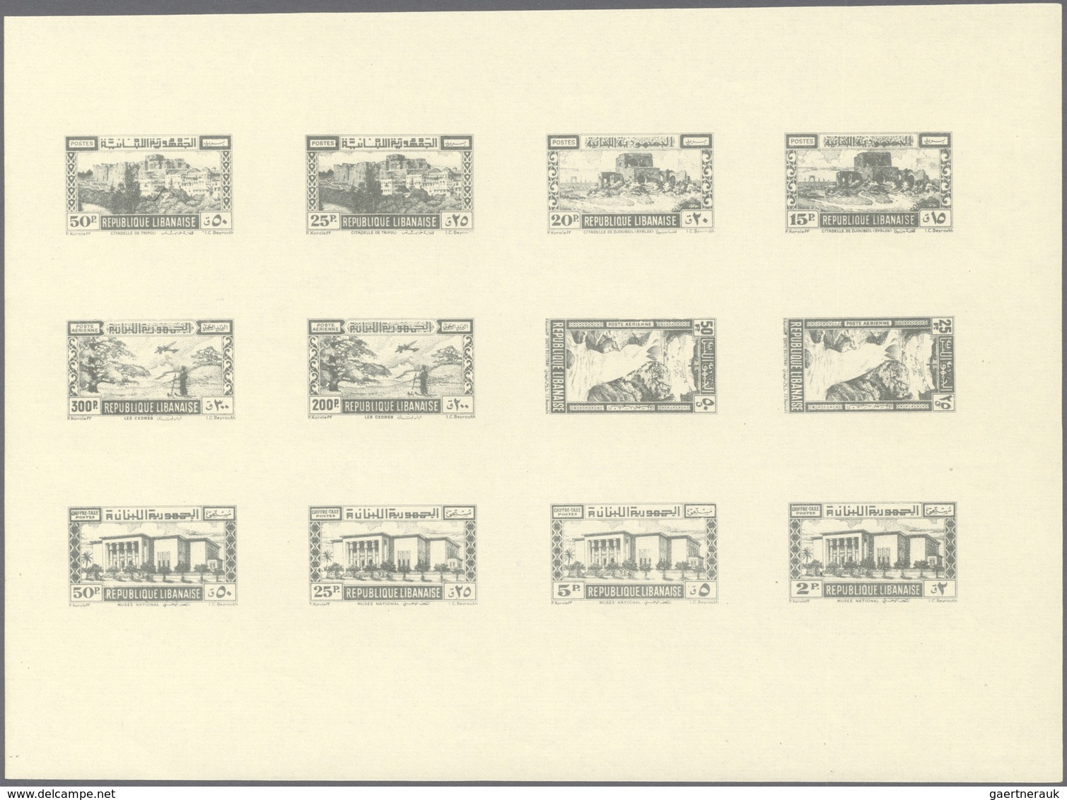 ** Libanon: 1945, Definitives, Airmails And Postage Dues, Combined Proof Sheet In Greenish Grey On Gumm - Lebanon