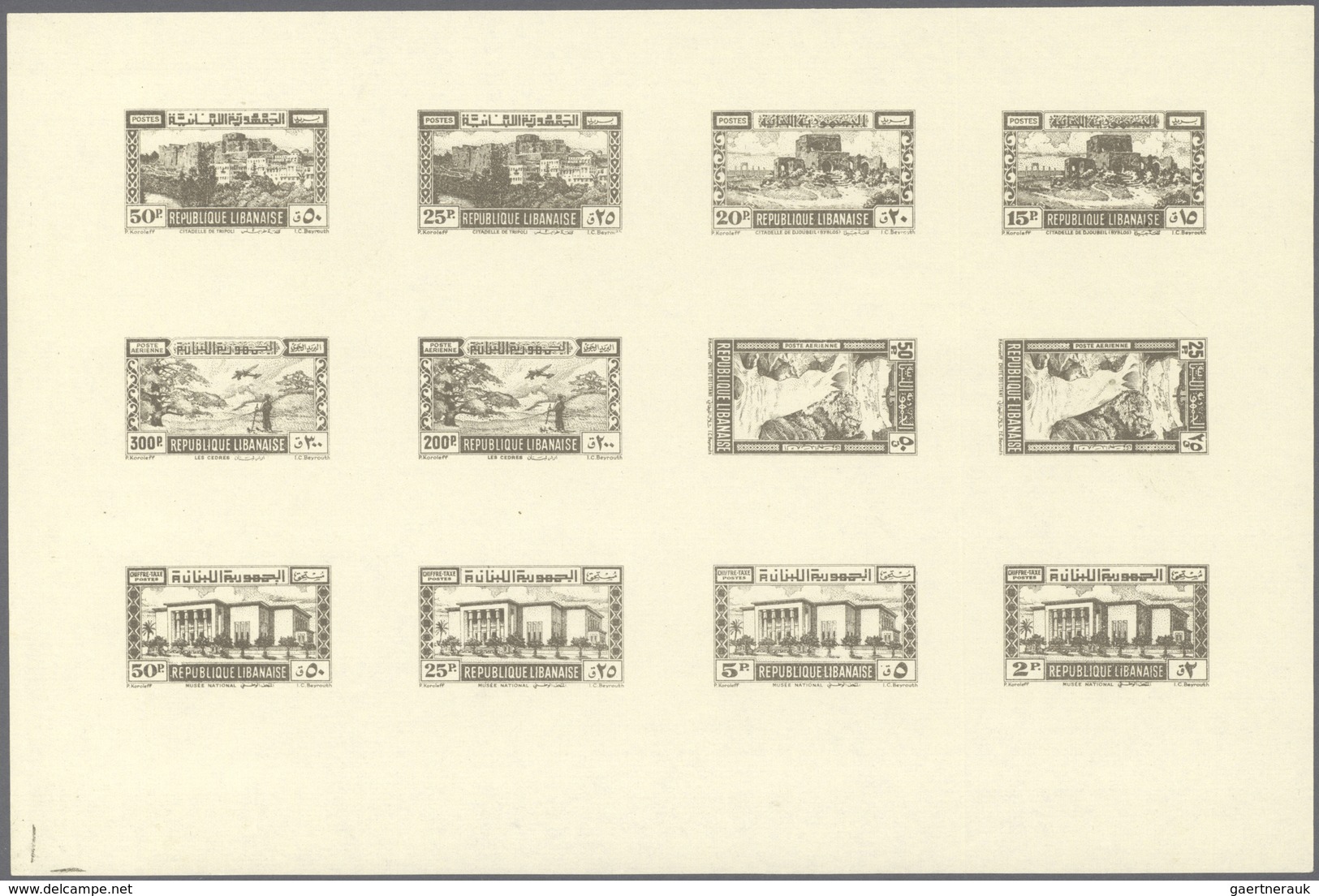 ** Libanon: 1945, Definitives, Airmails And Postage Dues, Combined Proof Sheet In Brownish Grey On Gumm - Lebanon