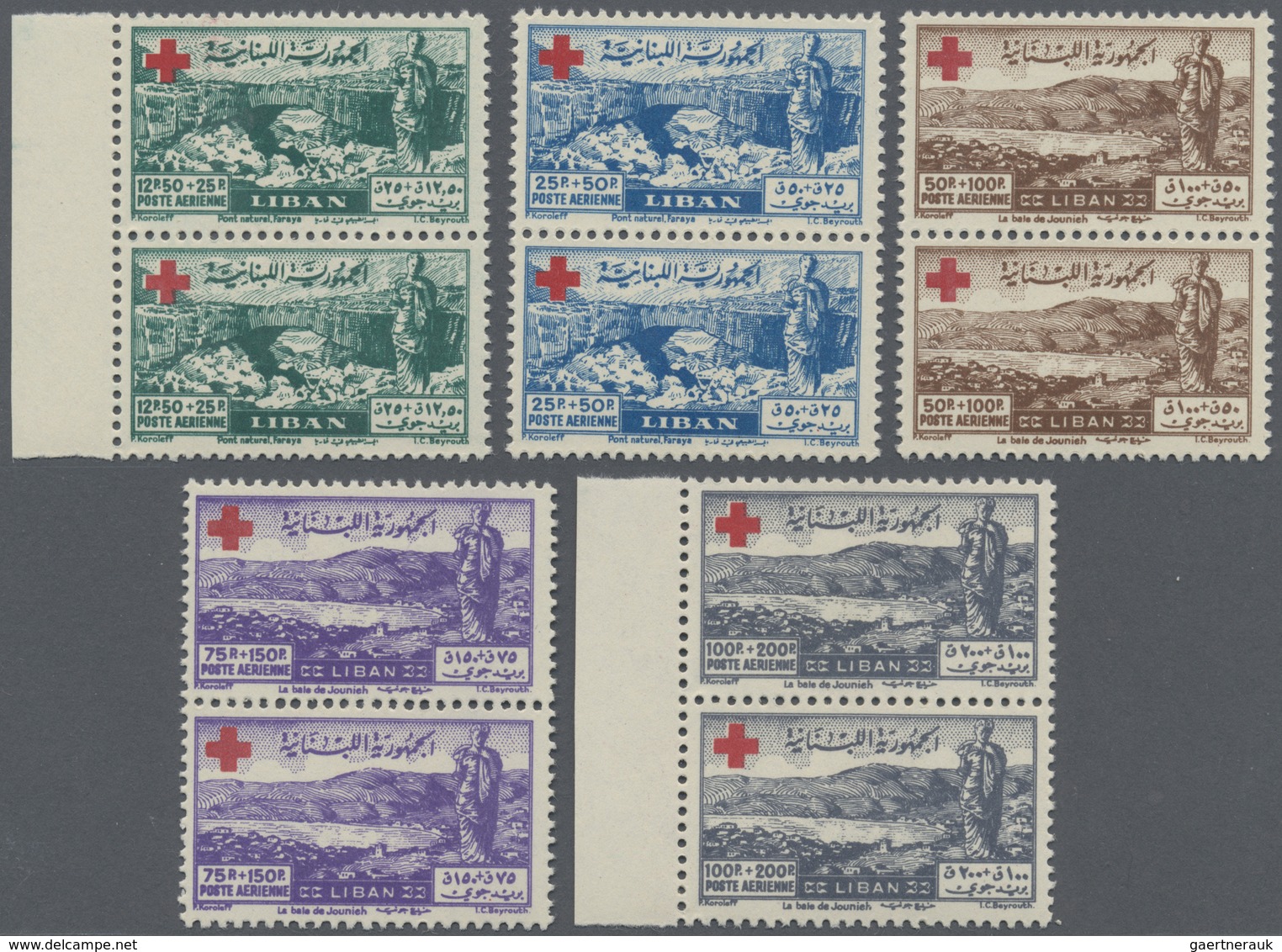 ** Libanon: 1947, RED CROSS Complete Set In Vertical Pairs (12.50pia. And 100pia. From Margin), Mint Ne - Lebanon