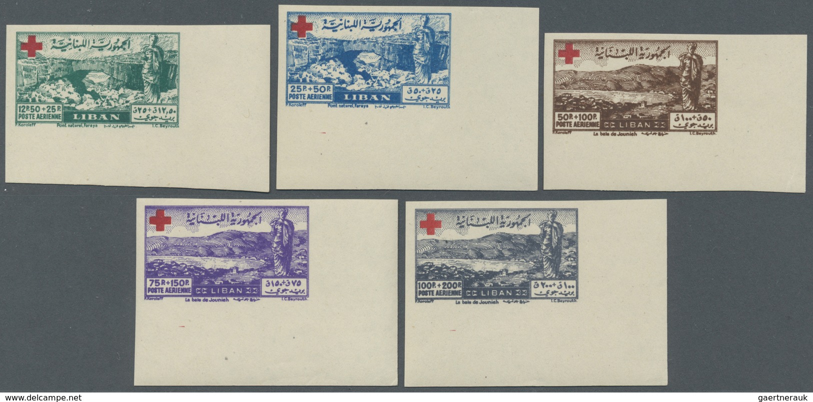 * Libanon: 1947, Red Cross, Complete Set Of Five Values, IMPERFORATE From The Lower Right Corner Of Th - Lebanon