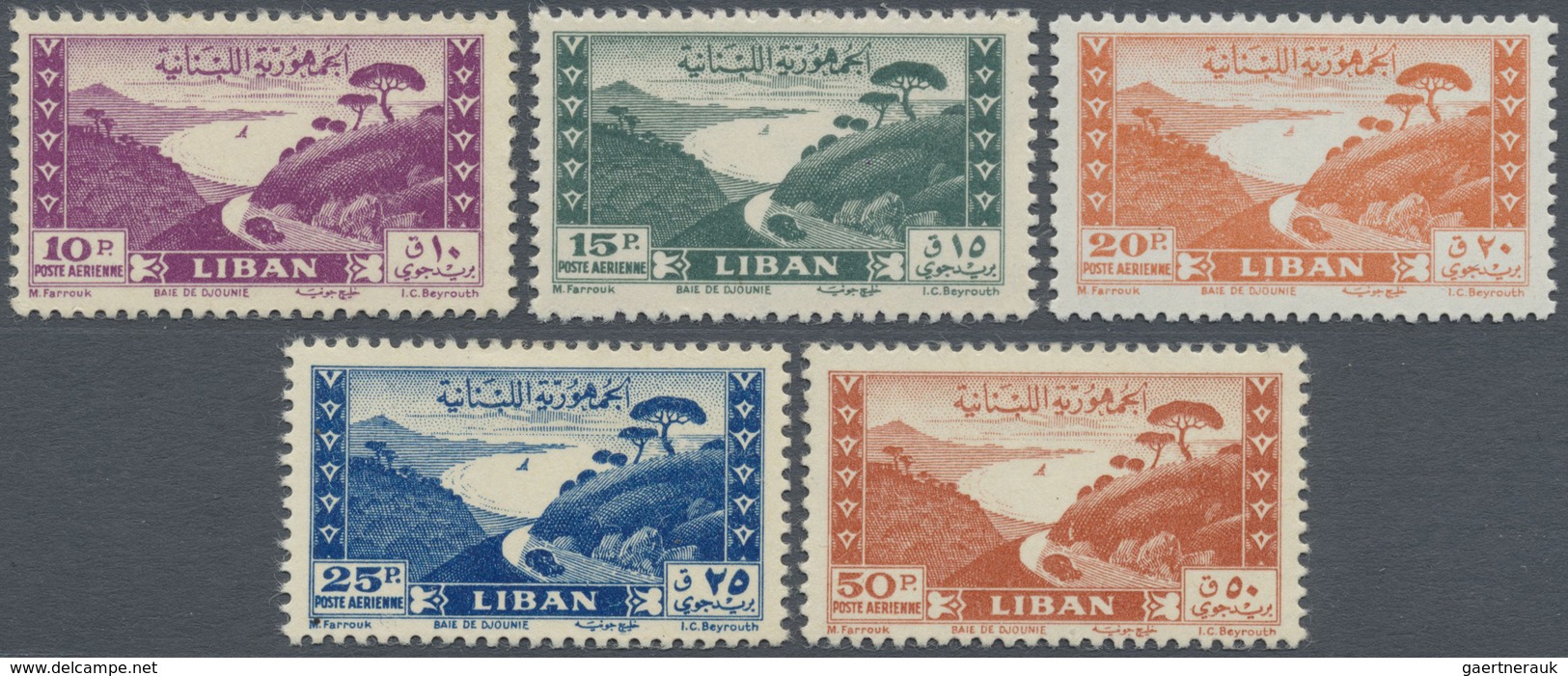* Libanon: 1949, Airmail Issue 'Jounieh Bay' Set Of Five In Changed Colours, Mint Hinged And Scarce, M - Lebanon
