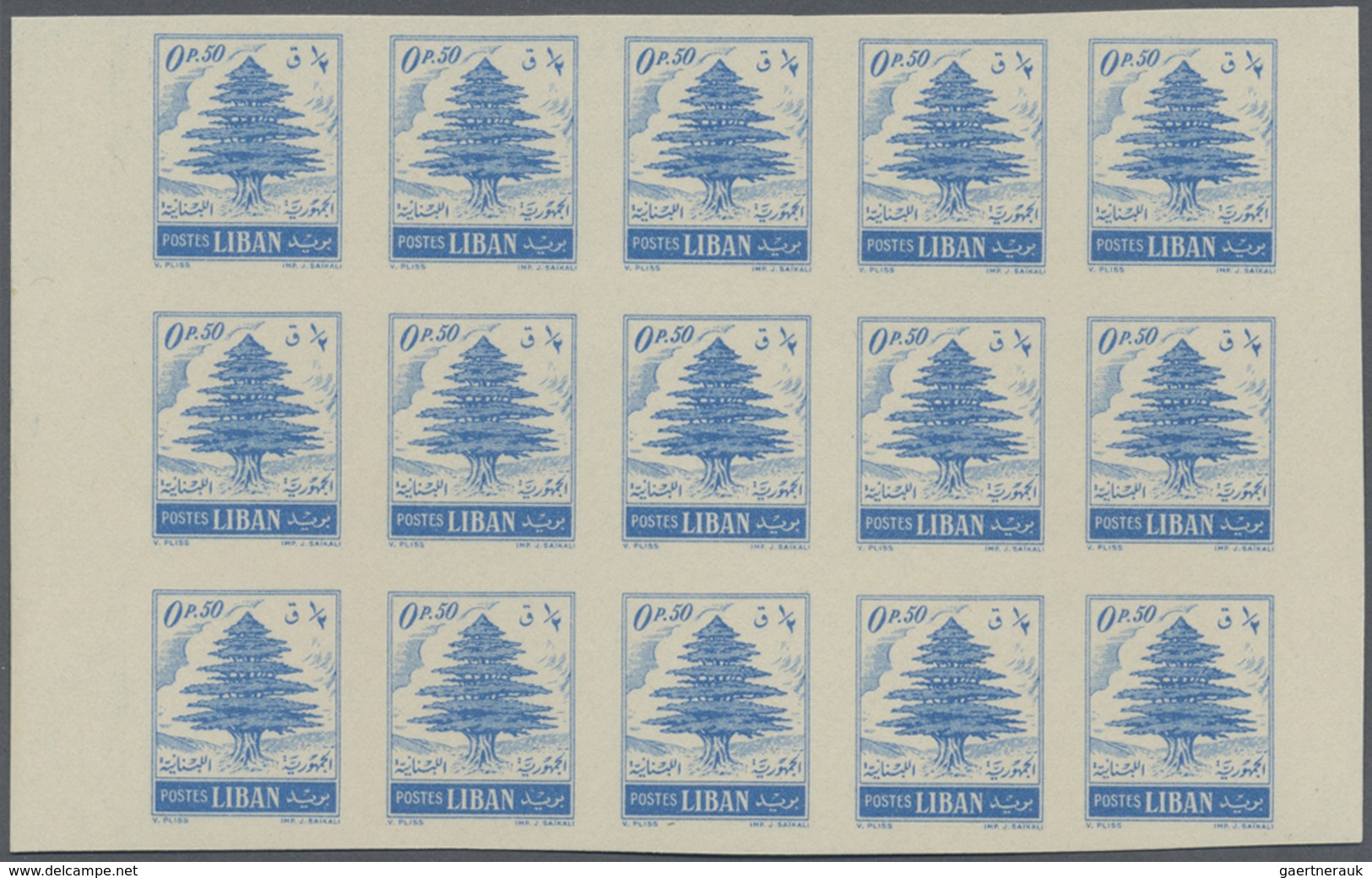 ** Libanon: 1953, Definitive 'CEDAR' 0.50pia. Pale Blue IMPERFORATE Block Of 15 With Margins On Both Ve - Lebanon