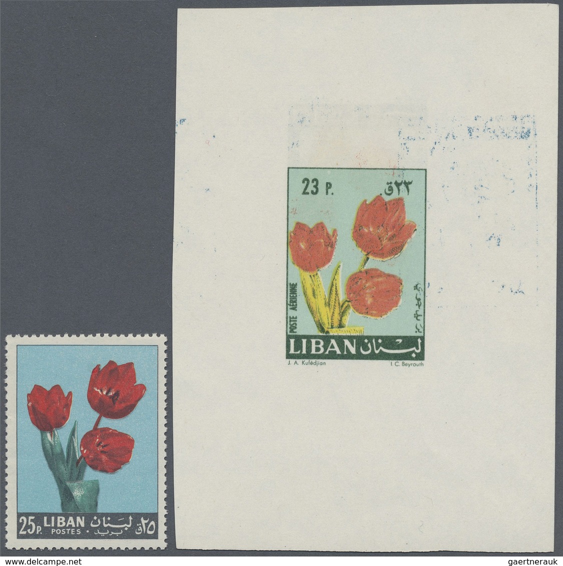 (*) Libanon: 1960 Ca., Tulip 23 Pia. Unissued Value Color Trial Proof On Both Sides Of Sheetlet And Sing - Lebanon