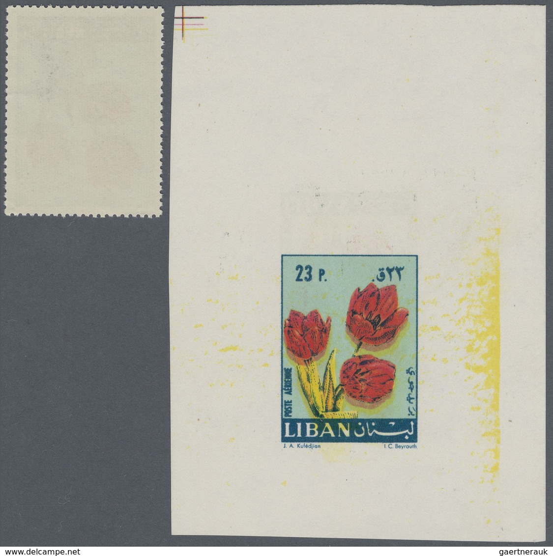 (*) Libanon: 1960 Ca., Tulip 23 Pia. Unissued Value Color Trial Proof On Both Sides Of Sheetlet And Sing - Lebanon