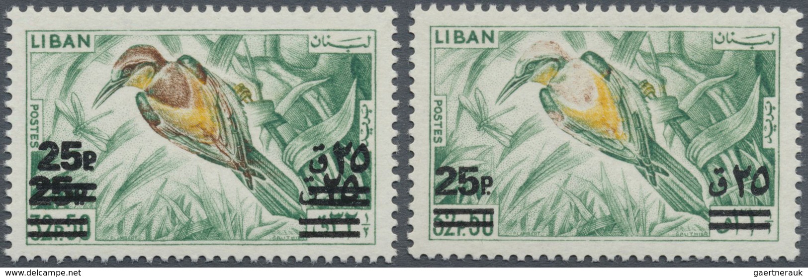 ** Libanon: 1972, Bird Definitive 32.50pia. With DOUBLE SURCHARGE '25 P.' With Normal Stamp For Compari - Libanon