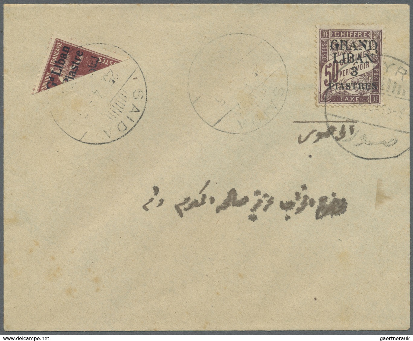 Br Libanon - Portomarken: 1925, 3pi. On 50c. Lilac-brown Oblit. "SAIDA 25.4.25" On Cover With Bisected - Lebanon