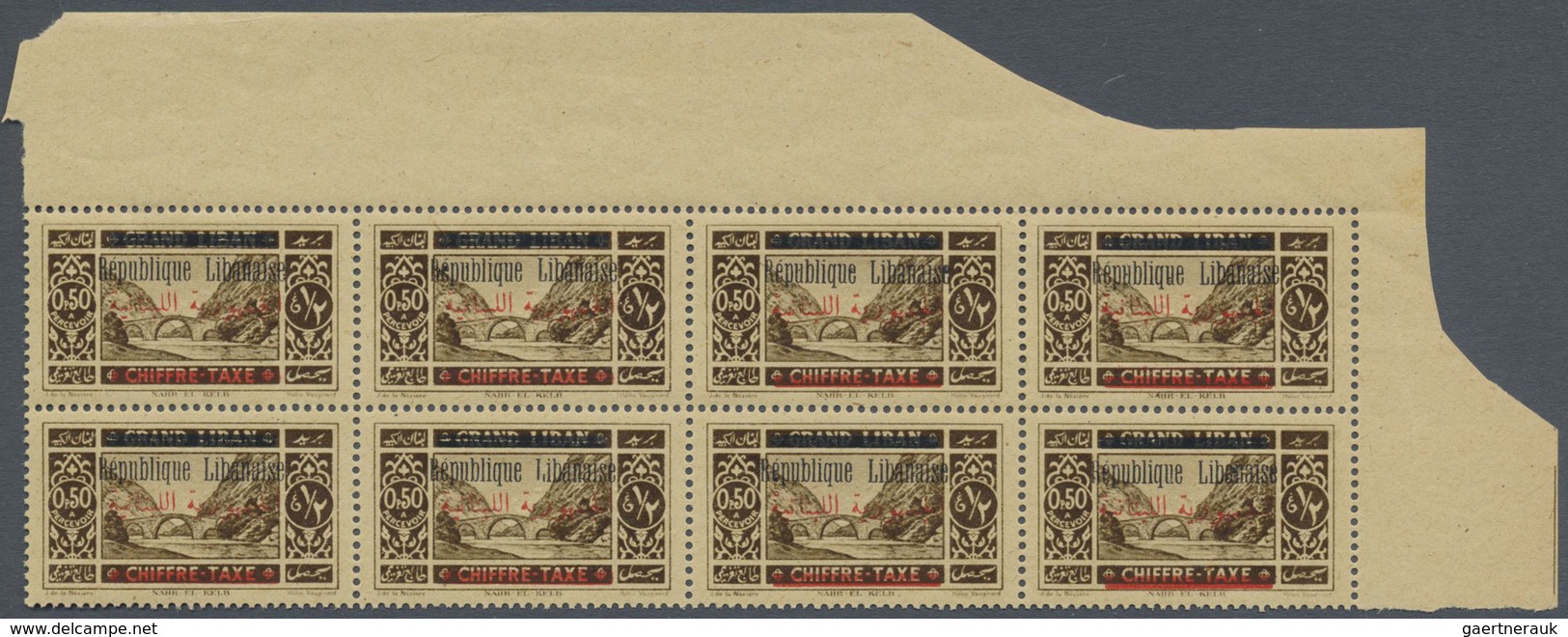 ** Libanon - Portomarken: 1928, 0.50pi. Brown On Yellow, Marginal Block Of Eight Showing Variety "Arabi - Lebanon
