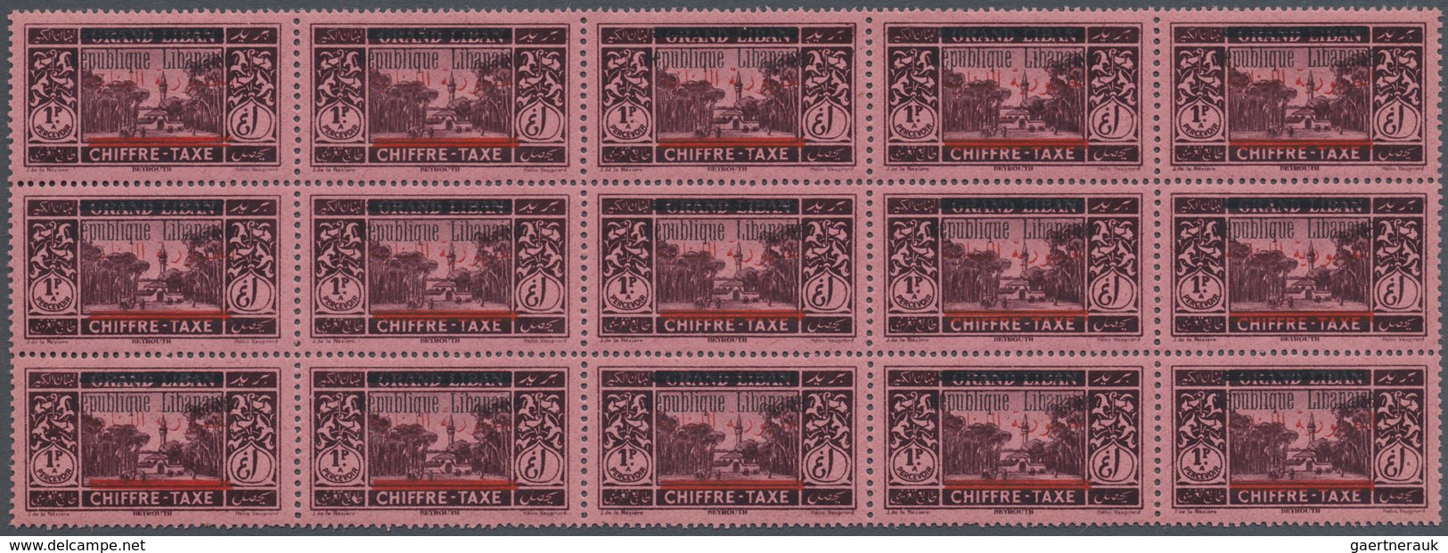 ** Libanon - Portomarken: 1928, 1pi. Black On Rose With Arabic Overprint In RED, Block Of 15, Unmounted - Libanon