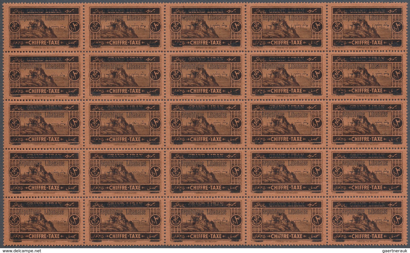 ** Libanon - Portomarken: 1928, 3pi. Dark Brown On Red, Block Of 25 Showing Variety "inverted Arabic Ov - Libanon