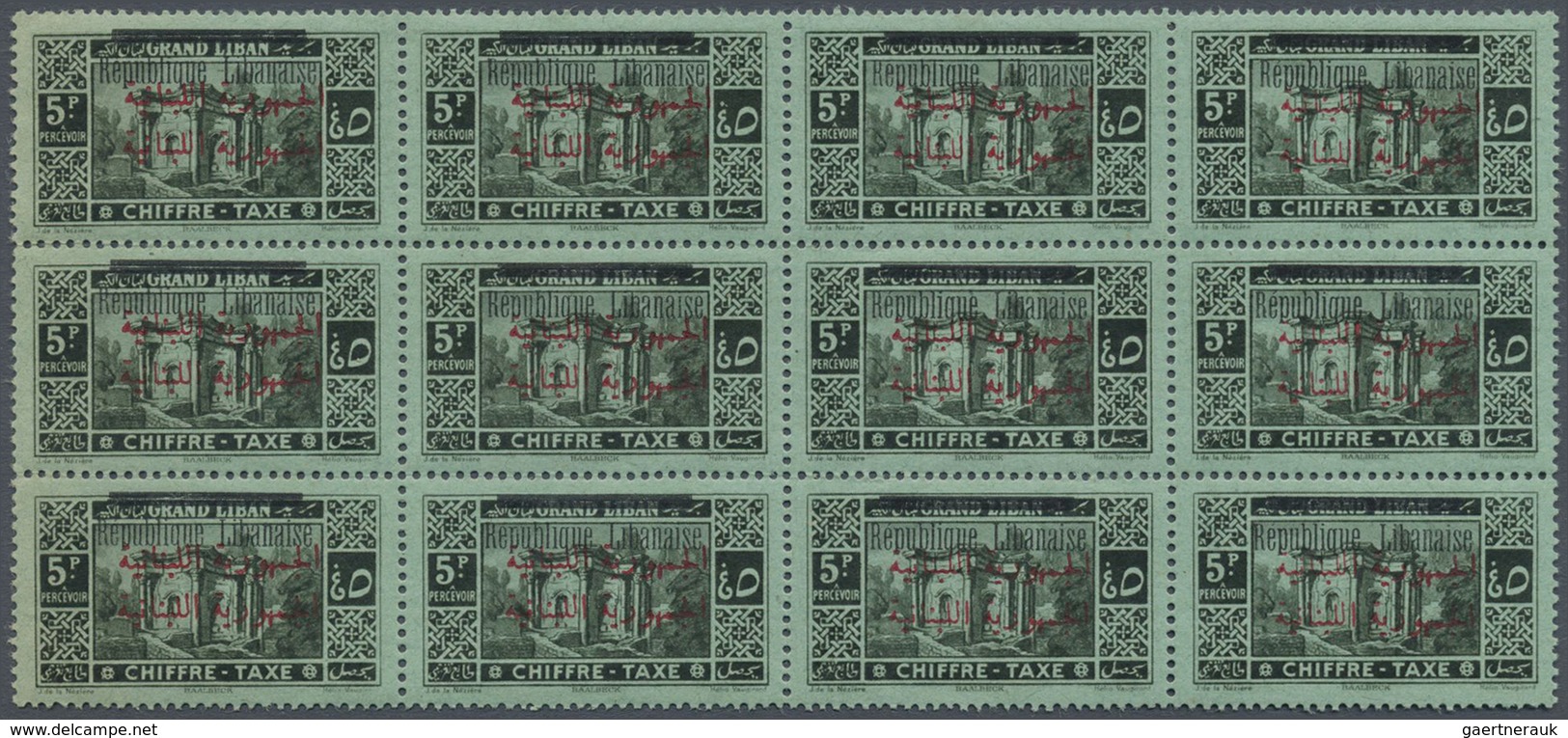 ** Libanon - Portomarken: 1928, 5pi. Black On Green, Block Of Twelve Showing Variety "double Arabic Ove - Lebanon