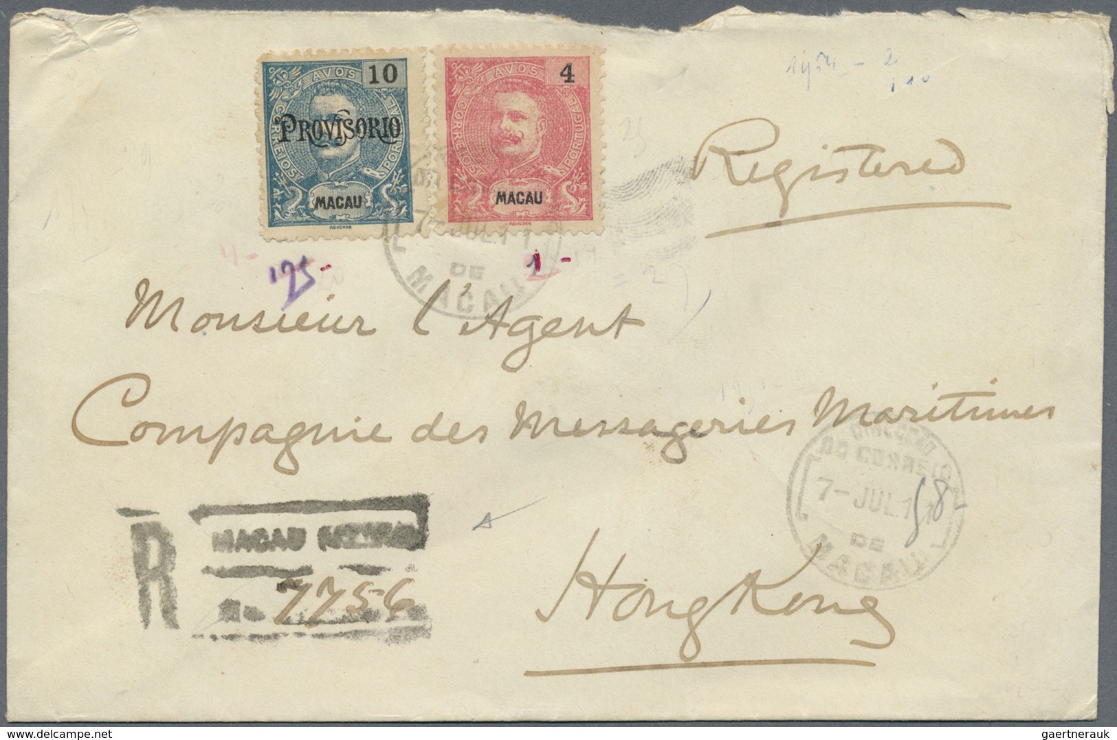 Br Macau: 1902, 10 A. "PROVISORIO" With 1898 4 A. Tied "MACAU 7 JUL 11" To Registered Cover To Agent Of - Andere & Zonder Classificatie