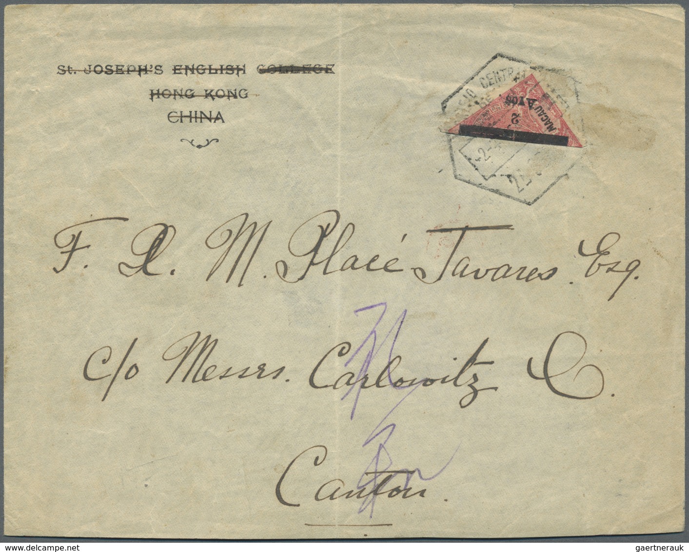 Br Macau: 1911, 2 Avos On 4 Avos Rose/black, Diagonally Bisected Stamp, Single Franking On Cover (fault - Andere & Zonder Classificatie