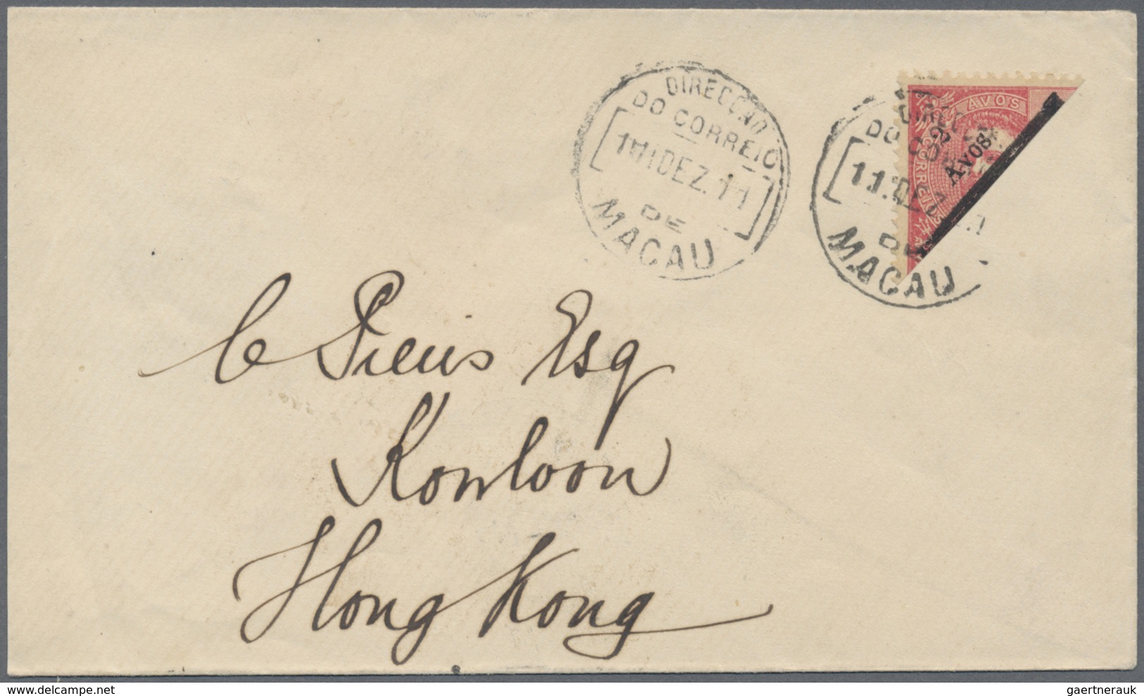 Br Macau: 1911, 2 Avos/4 A. Bisect Tied "MACAU 11 DEZ. 11" To Cover To Kowloon/Hong Kong, On Reverse Cl - Other & Unclassified