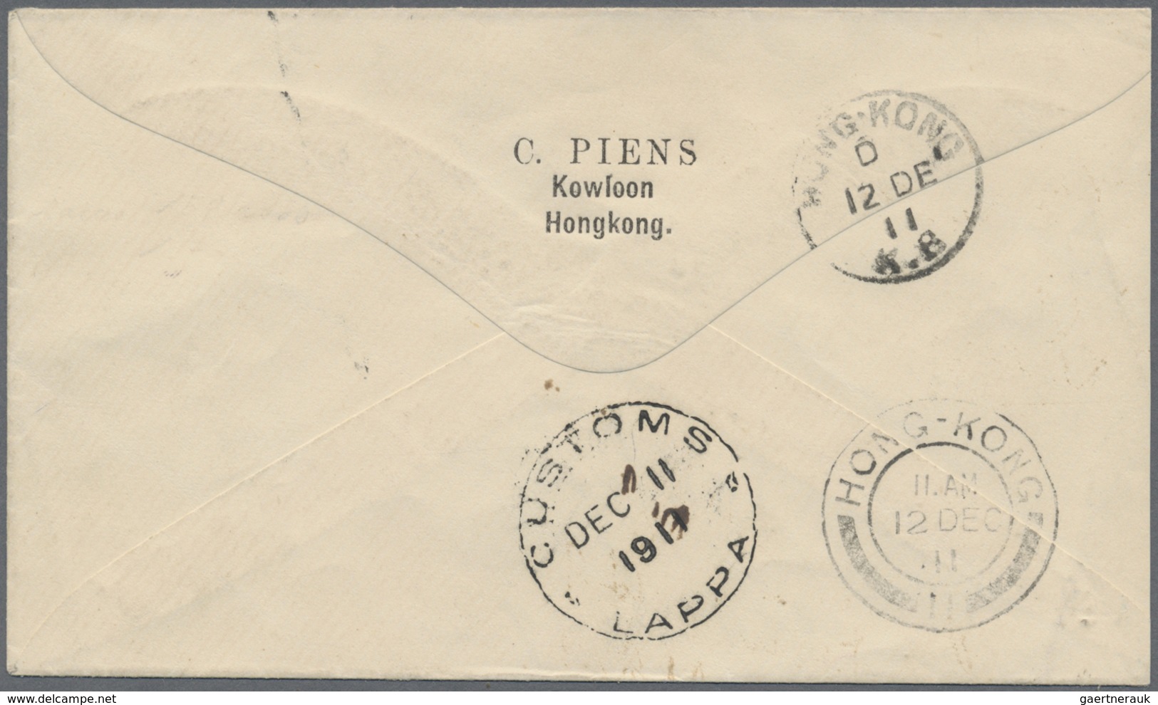 Br Macau: 1911, 2 Avos/4 A. Bisect Tied "MACAU 11 DEZ. 11" To Cover To Kowloon/Hong Kong, On Reverse Cl - Other & Unclassified