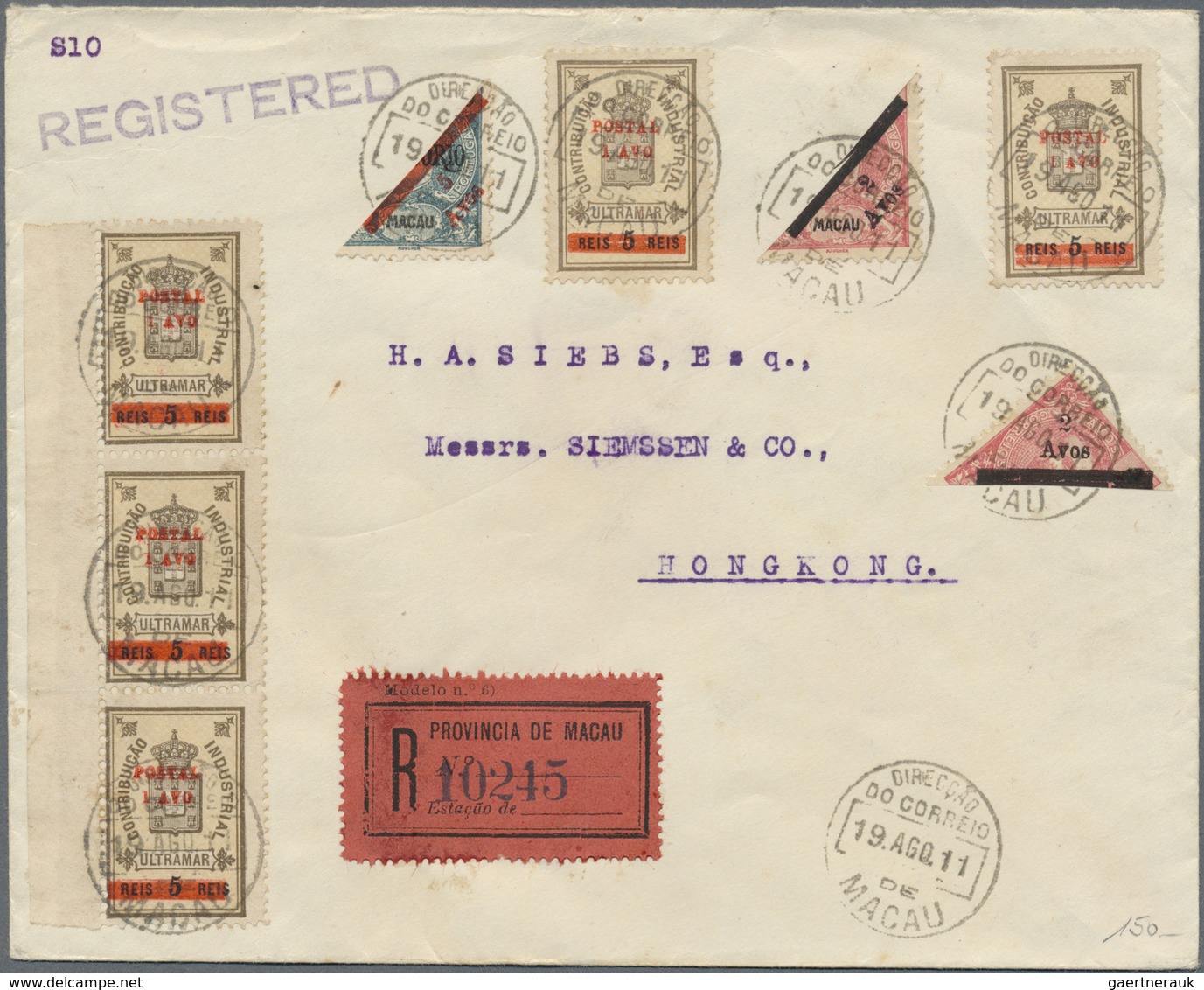 Br Macau: 1911, Three Bisected Stamps "5 Avos" On 10 A And 2x "2 Avos" On 4 A In Addition 5x "1 Avos" O - Andere & Zonder Classificatie