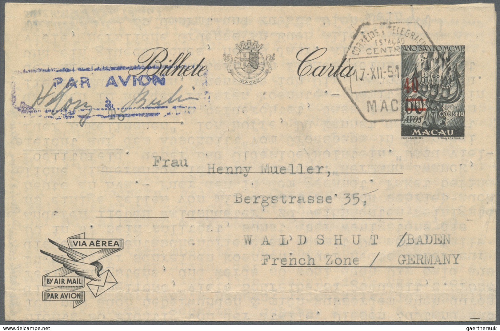 GA Macau: 1951, Airletter 40 A./60 A. Tied "MACAO 17-XII-51" To Germany French Zone, Long Privatel Text - Andere & Zonder Classificatie