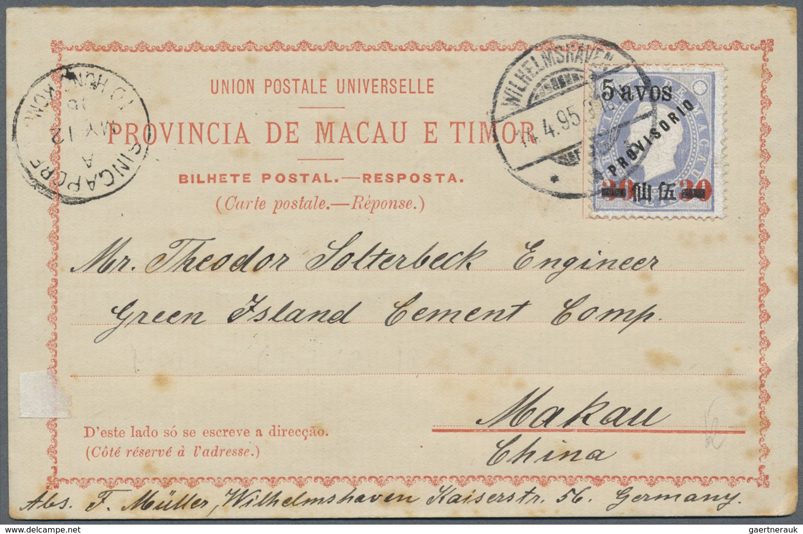 GA Macau - Ganzsachen: 1895, Provisional Double Card, Reply Part Commercially Used From Germany To Maca - Entiers Postaux