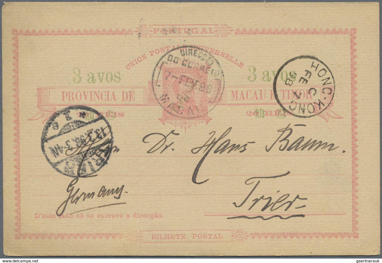 GA Macau - Ganzsachen: 1898, Card 3 Av./20 R. Canc. "MACAU 7-FEB 98" Via "HONG KONG C FE 7 98" To Germa - Postal Stationery