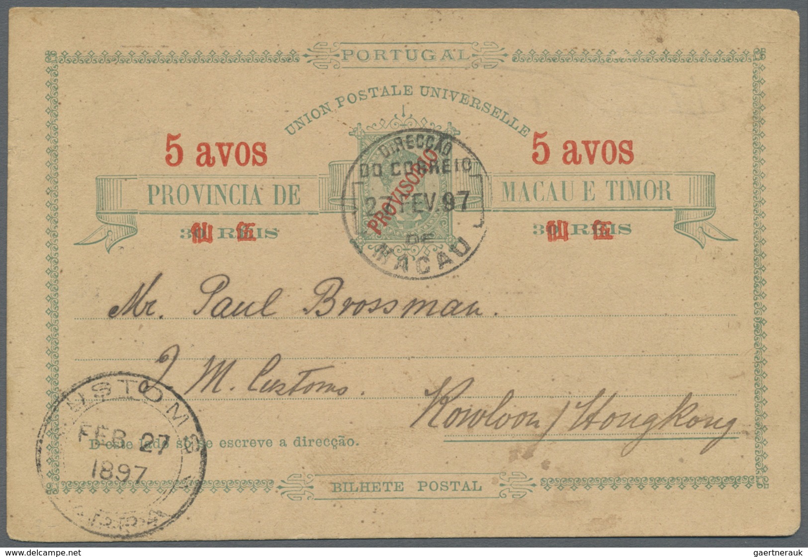 GA Macau - Ganzsachen: 1897, 5 Avos/ 30 R. Canc. "MACAO 27 FE 97" W. "CUSTOMS LAPPA FEB 27 1897" Alongs - Postwaardestukken