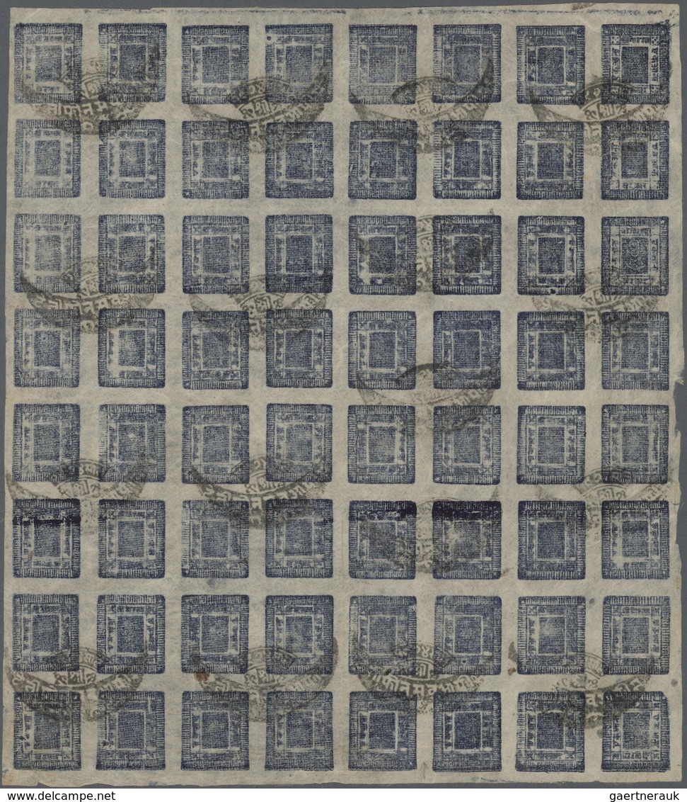 (*) Nepal: 1920/28, Telegraphic Period 1a Deep Blue Complete Sheet Of 64 Of Setting 27, Used With Birgan - Nepal