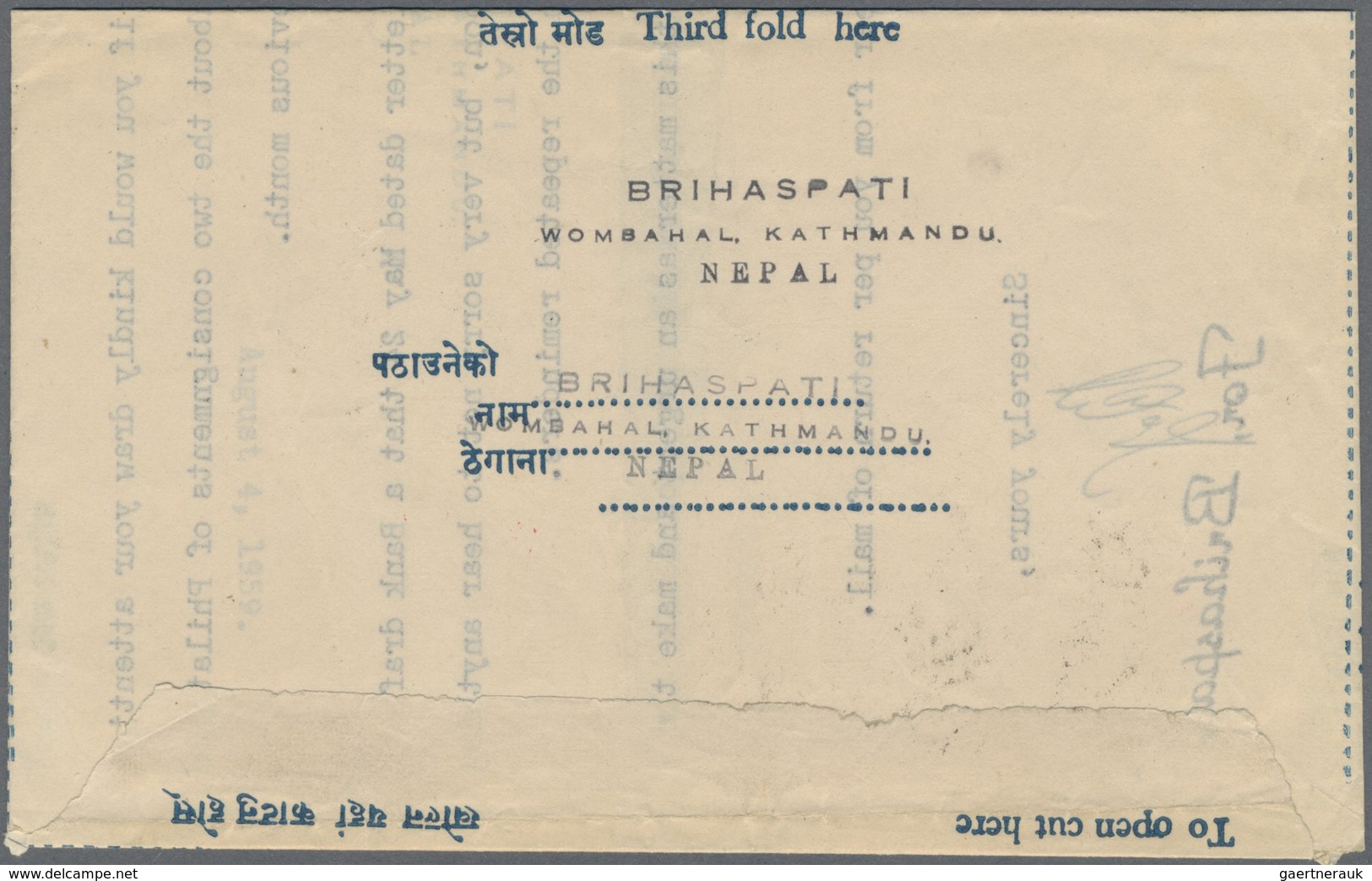 GA Nepal: 1959 First Aerogramme 8p. Blue, Type 4, Used From Kathmandu To Chillicothe, Ohio, USA "VIA AI - Nepal