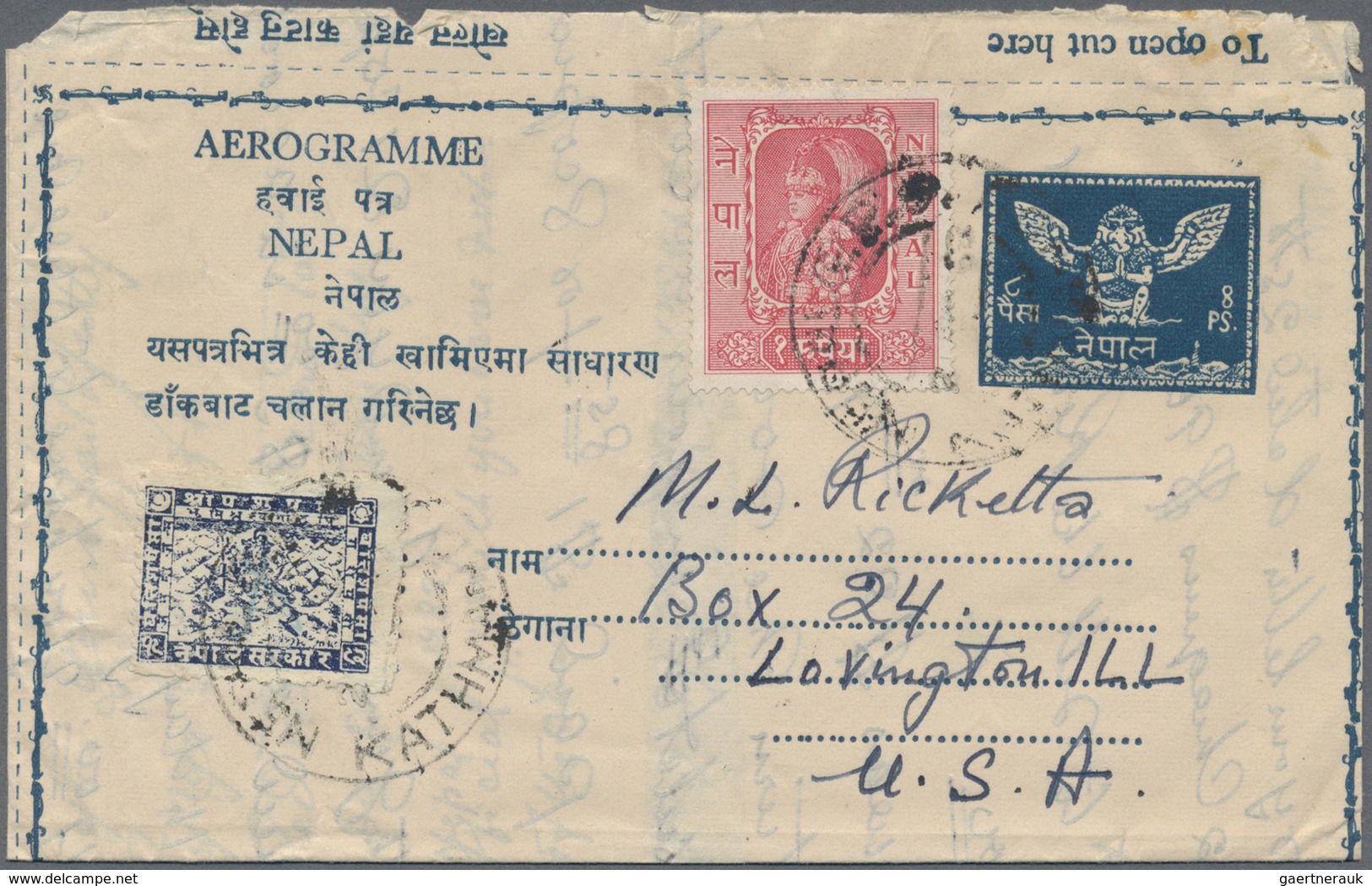GA Nepal: 1959 First Aerogramme 8p. Blue, Type 4, Used From Kathmandu To Lovington, Ill., USA And Uprat - Nepal